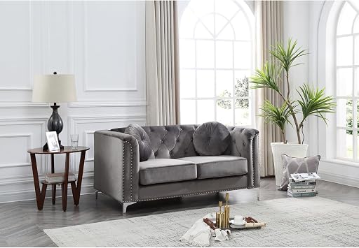 Maykoosh Asian Fusion Loveseat - Velvet Button Tufted Sofa, Modern Gray Living Room Seating