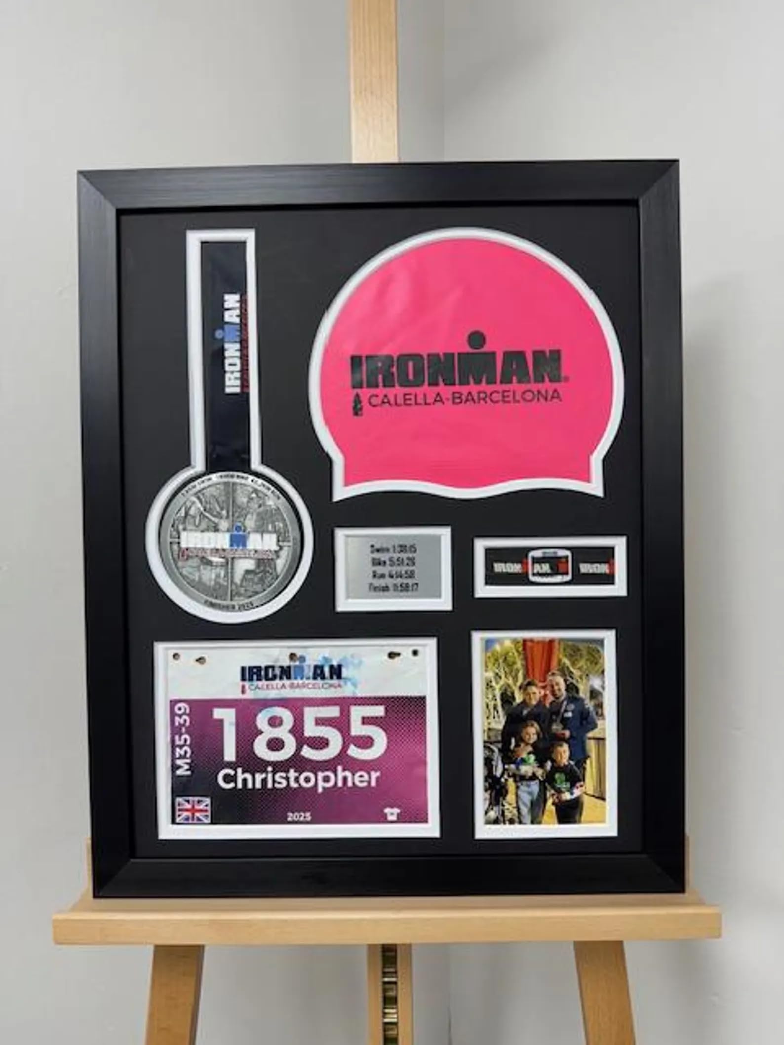 Kwik Picture Framing Ltd Black Ironman Medal Frame 22X18 Inch With Swim Cap, Bib Holder & Photo Display, 3D Triathlon Shadow Box Case - Mount