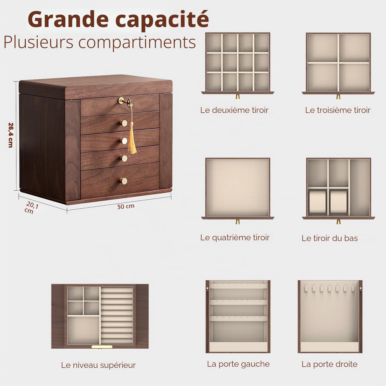 Grande boîte à bijoux en bois pour femme, boîte à bijoux vintage en bois massif, 4 tiroirs avec miroir et serrure, 5 niveaux de rangement pour bijoux, boucles d'oreilles
