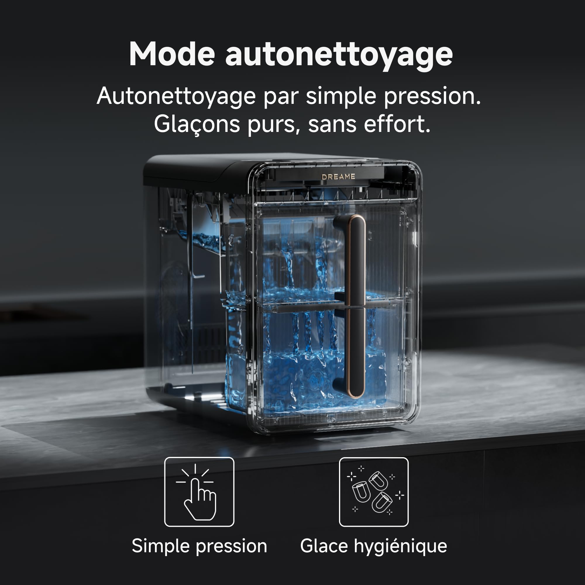 DREAME Aura Bullet Machine à Glaçons, Produisant des Glaçons en 6 Min, avec Réservoir et Panier Séparés, Deux Tailles de Glaçons, Commande Numérique, Éclairage LED et Mode Autonettoyage