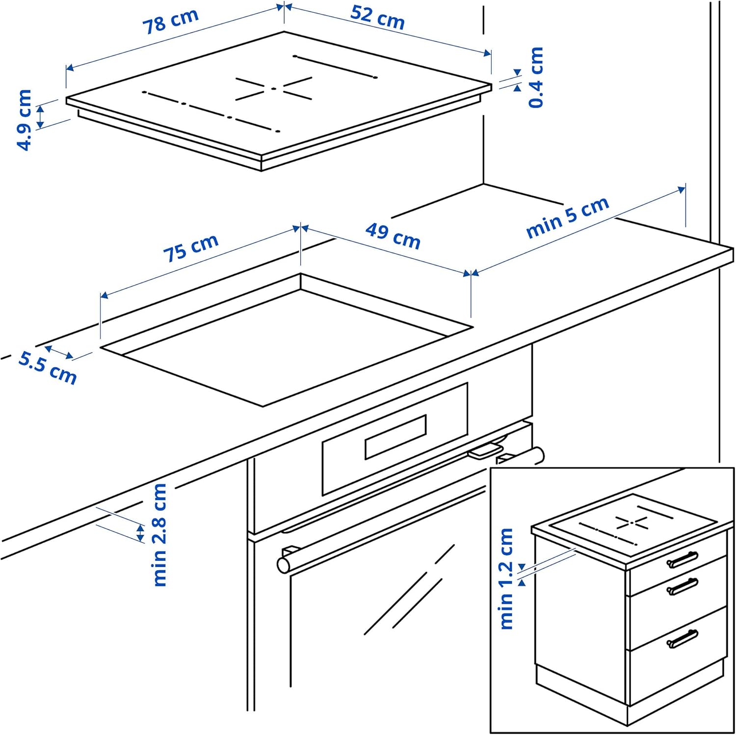 Detailed installation diagram showing the dimensions of the BLIXTSNABB induction hob and the required countertop cut-out measurements.