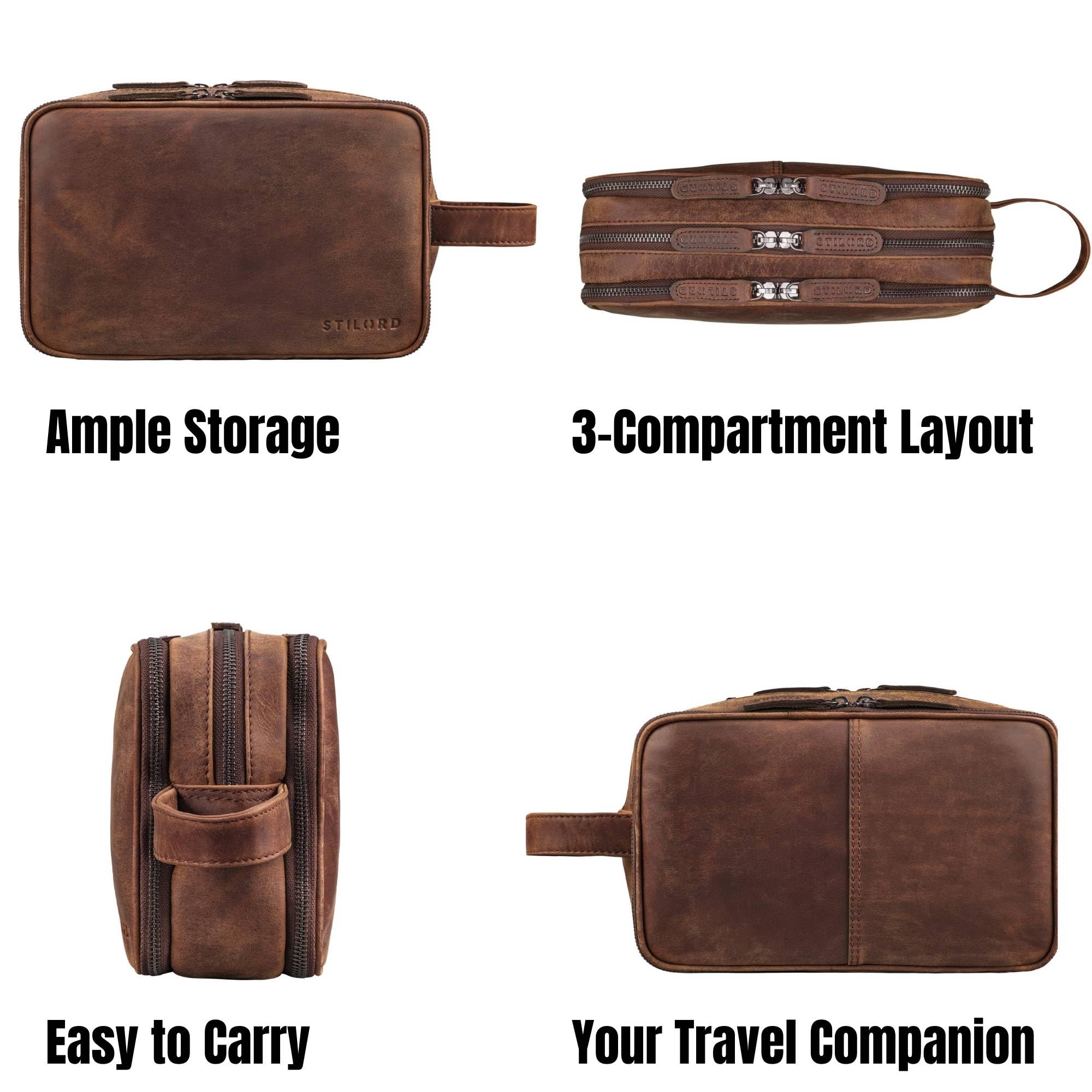 STILORD 'Catania' großer Reise-Kulturbeutel Leder Herren Damen Kulturtasche Schicke Kosmetiktasche Beautycase Badtasche Toiletry Bag Leather Wash Bag Echtleder Waschtasche, Farbe:Zamora - braun