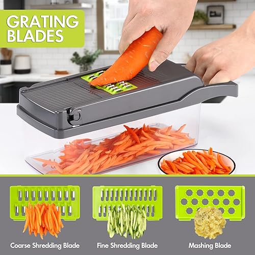 Miniatura 3 de Ourokhome Cortadora de mandolina profesional 12 en 1 para cocina con recipiente de verduras de 1.7 L y rallador de queso giratorio con 3 cuchillas