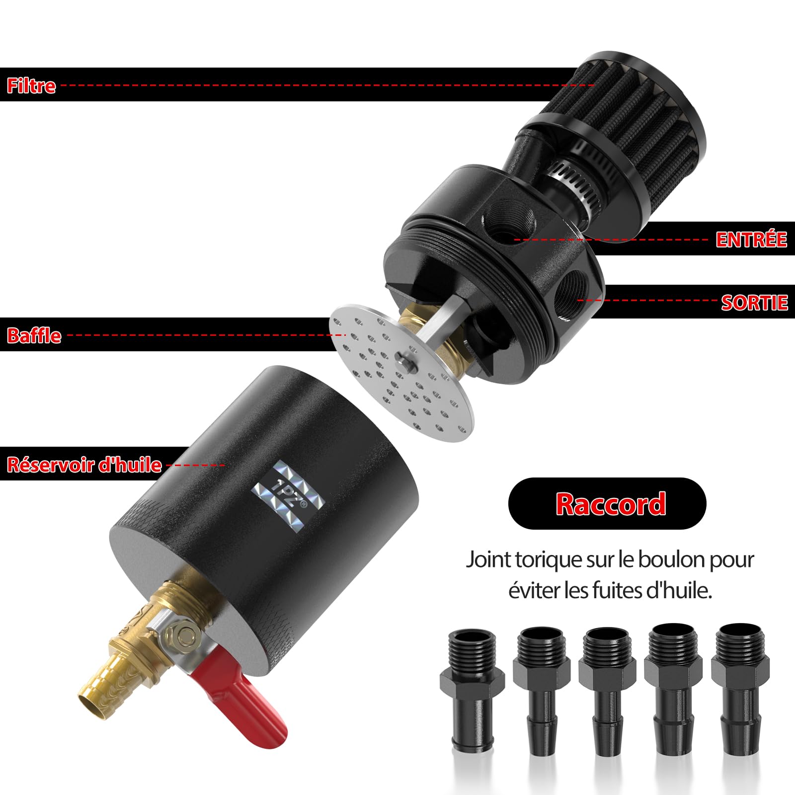 1PZ FR7-RM1 Récupérateur Huile Moteur Universel réservoir de récupération d'huile lcylindrique en Aluminium avec déflecteur et Valve diamètre extérieur 8,7Φ 12,2Φ 14,5Φ avec des Accessoires