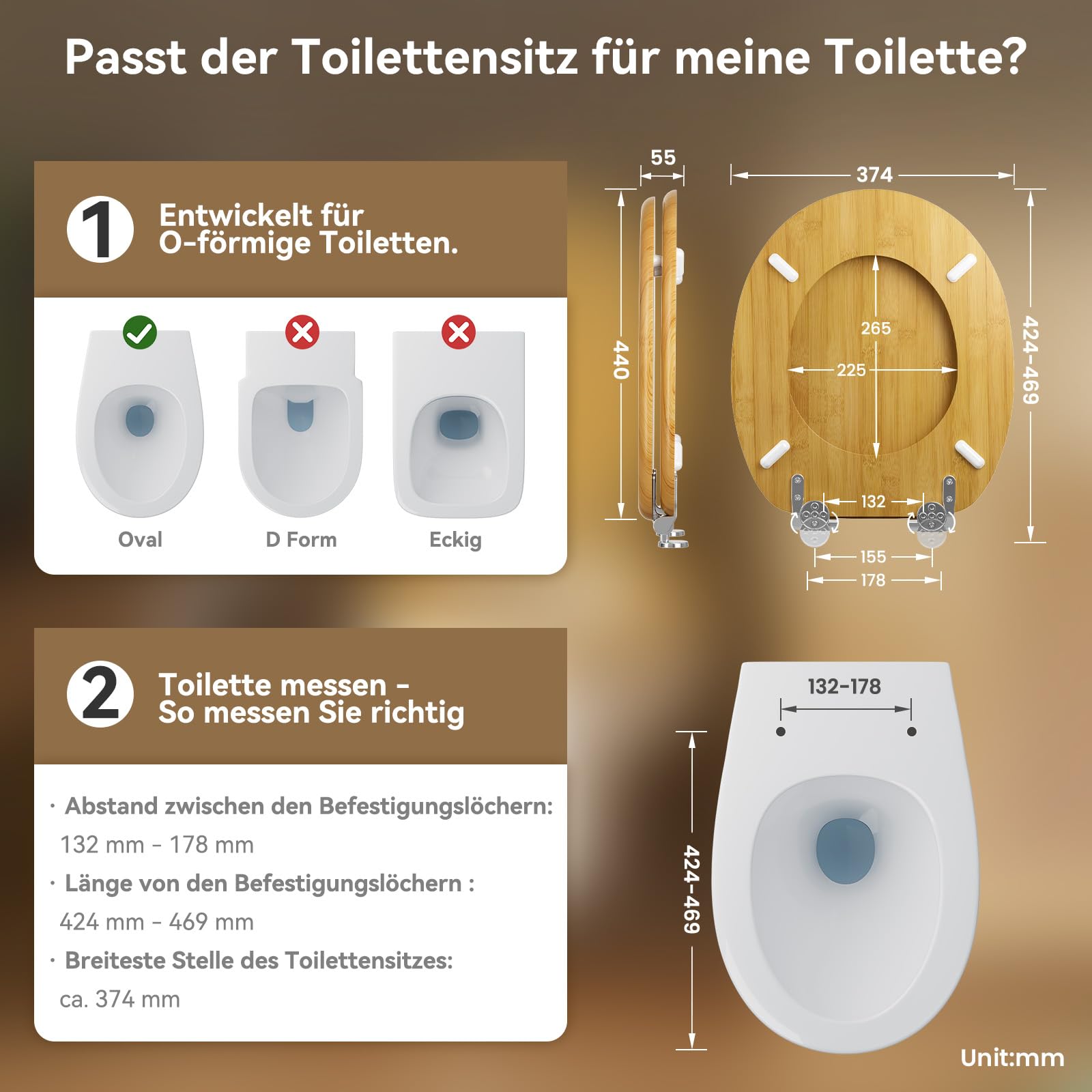 Deska sedesowa wolnoopadająca drewniana – deska sedesowa bambusowa deska sedesowa w kształcie litery O MDF antybakteryjna miękkie domykanie Softclose Toilet Seat maksymalne obciążenie 175 kg