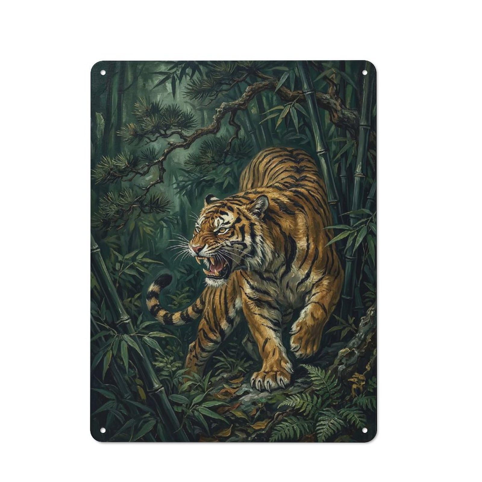 Junmoney Style-4 Loft Style Metal Wall Art Sign 40X30cm Featuring Fierce Tiger In Bamboo Forest, Urban Room Decor For Loft, Studio, Office Or Creative Room