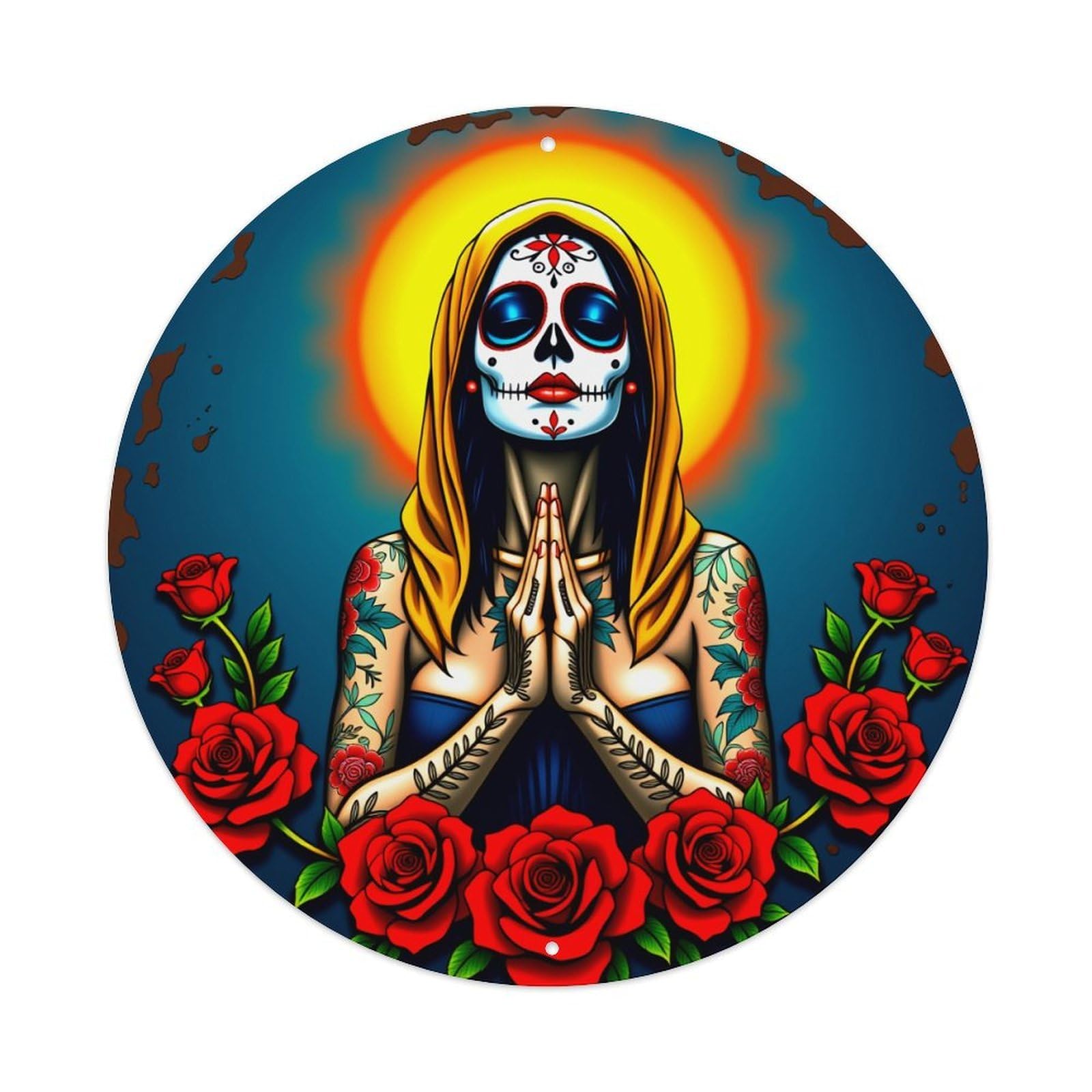 Day Of The Dead Art_1 Round Tin Sign Vintage Metal Poster Retro Bar, Home, Man Cave, Kitchen, Laundry Room Wall Art Decor Gift 8x8Inch