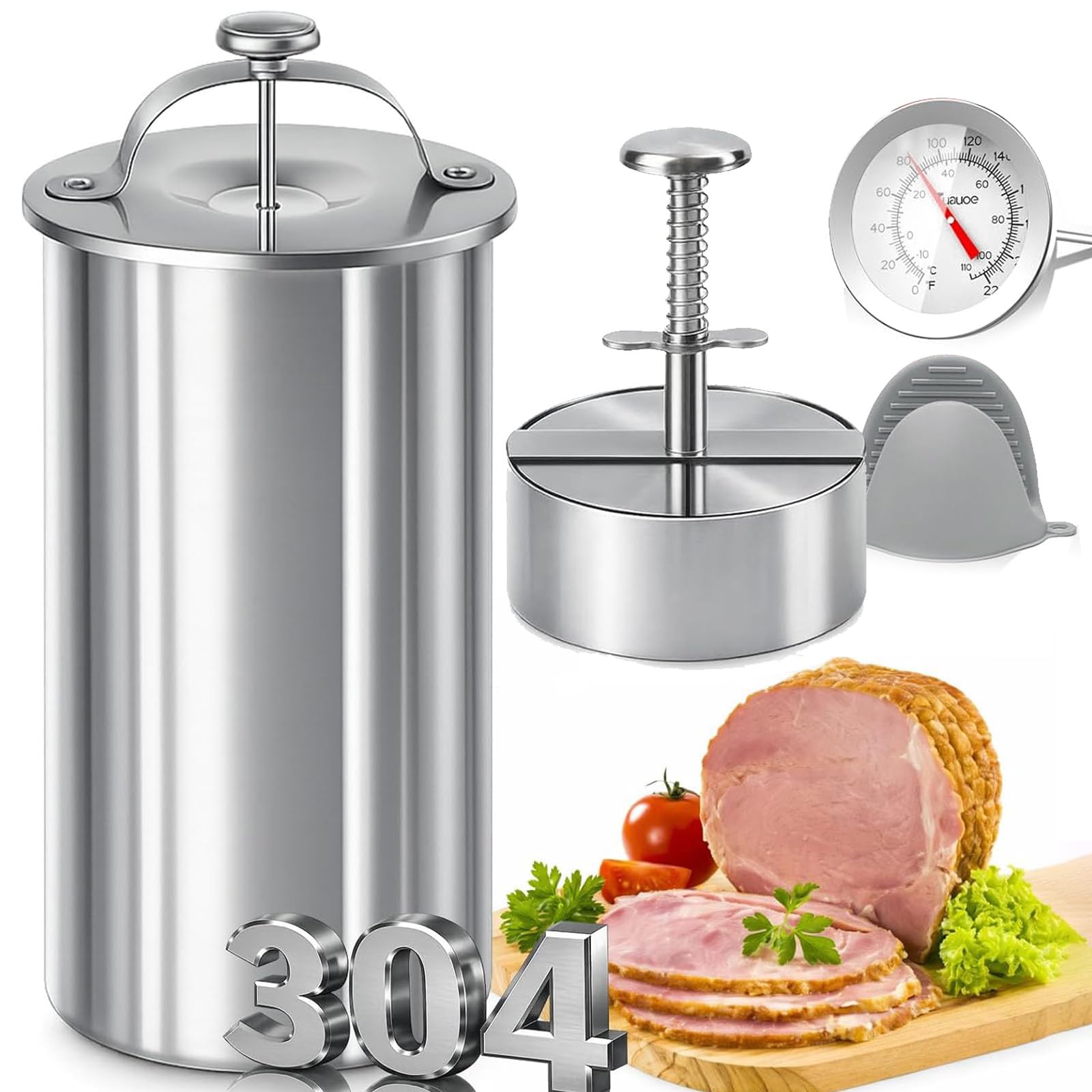 Presse à Viande en Acier Inoxydable avec Thermomètre et Mécanisme à Ressort – Moule pour Charcuteries, Jambon Maison et Viandes Froides – Idée Cadeau Originale pour la Cuisine (with Presser)