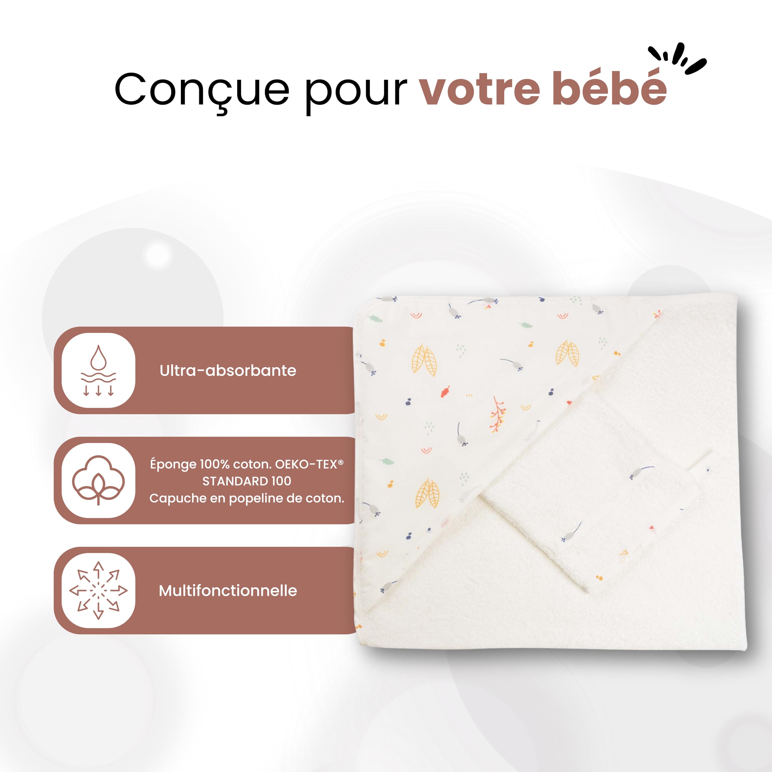 Trois Kilos Sept - Set Bain Bébé Forêt - Cape à Capuche + Gant - 100% Coton Doux et Absorbant - Certifié Oeko-TEX® Standard 100 - Motif Forêt - 70x70 cm