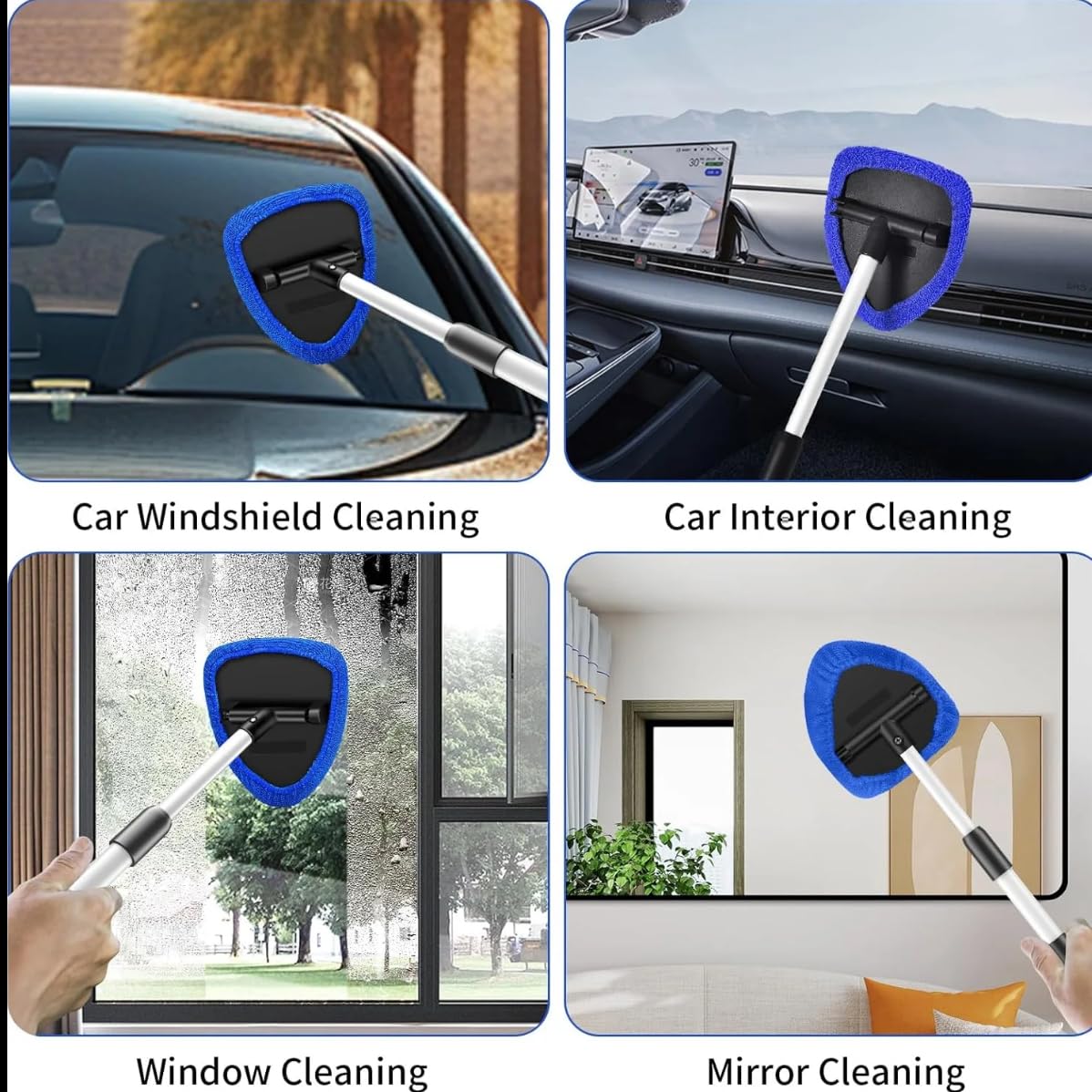 Car Windscreen Cleaner Tool, Telescopic Handle Car Cleaning Kit with 4 Reusable Microfiber Pads, Auto Windshield Cleaner for Interior Exterior Glass - 4