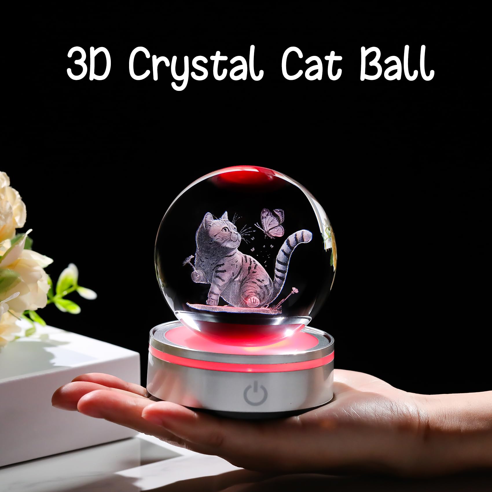 Arikyrist 3.15in. Crystal Ball Engraved 3D Cat and Butterfly Gifts for Women, K9 Crystal Decorative Cat Ball with LED Light Base for Birthday, Christmas, Home Office