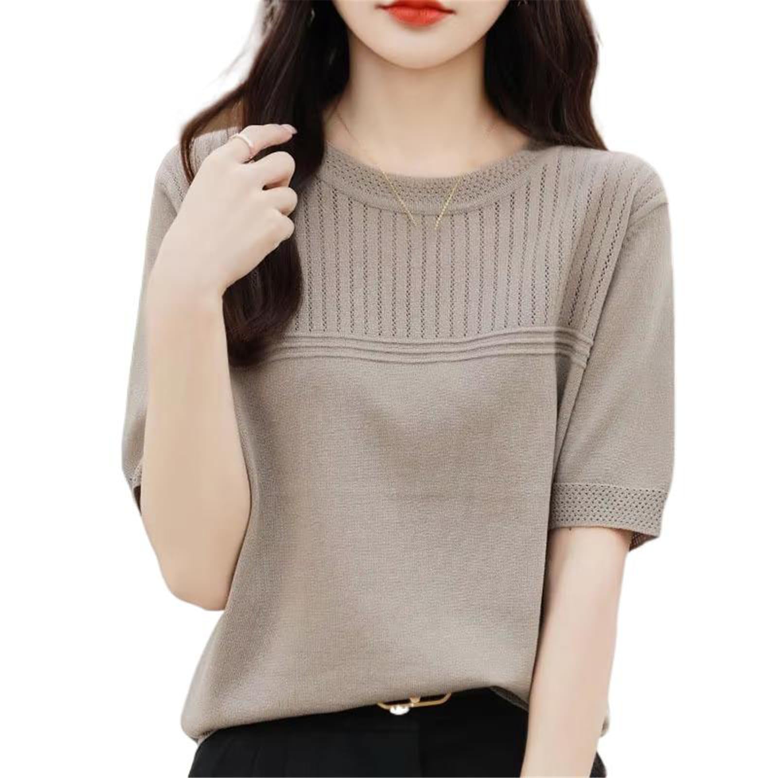 Maglia Morbida Donna Traforata, Top a Maniche Corte e Collo Tondo Morbido per Estate