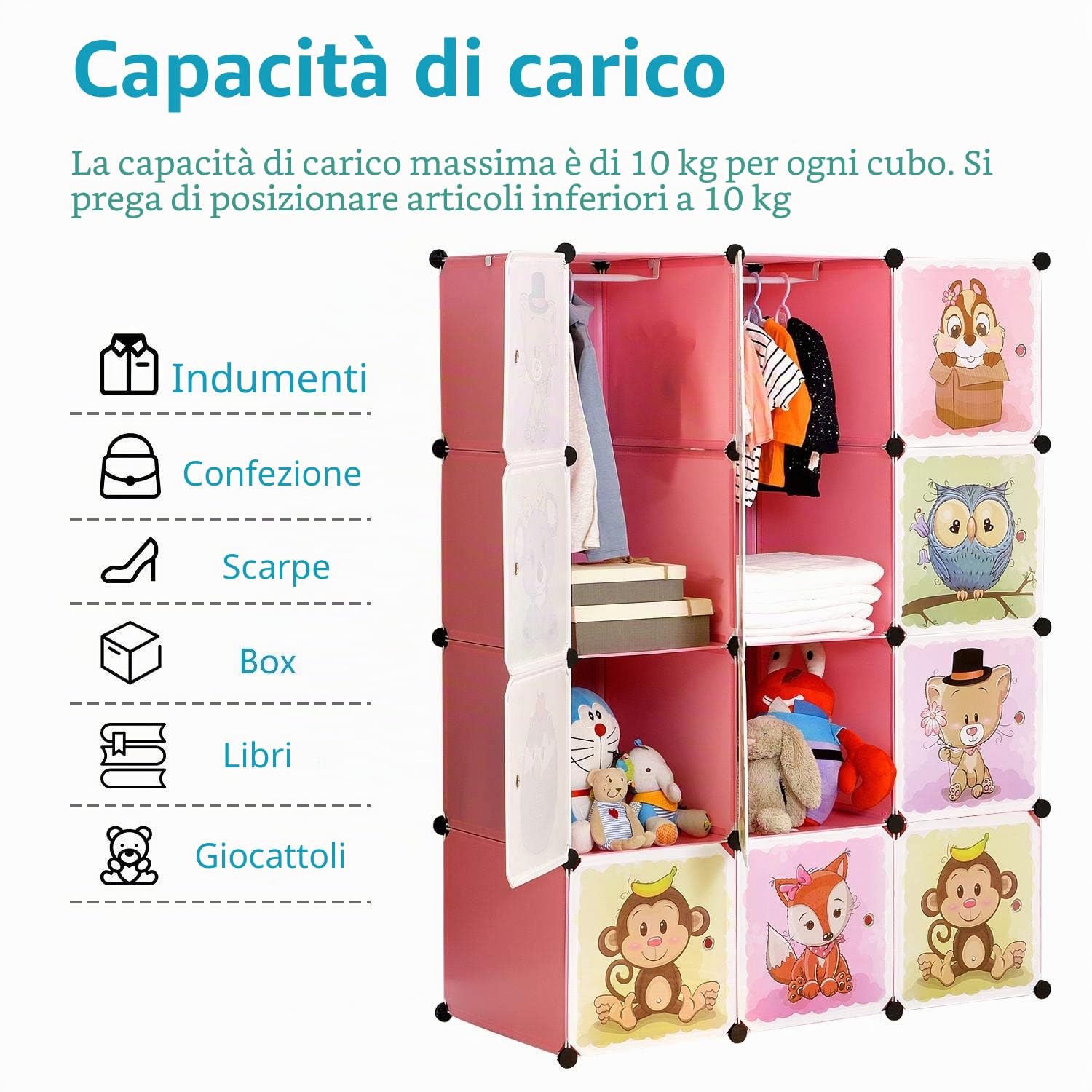 BRIAN & DANY Armadio Modulare Bambini, Portatile Guardaroba, Armadietto in Moduli Plastici, 8 Cubo e 2 Aree di Sospensione, Rosa, 110 x 47 x 147 cm
