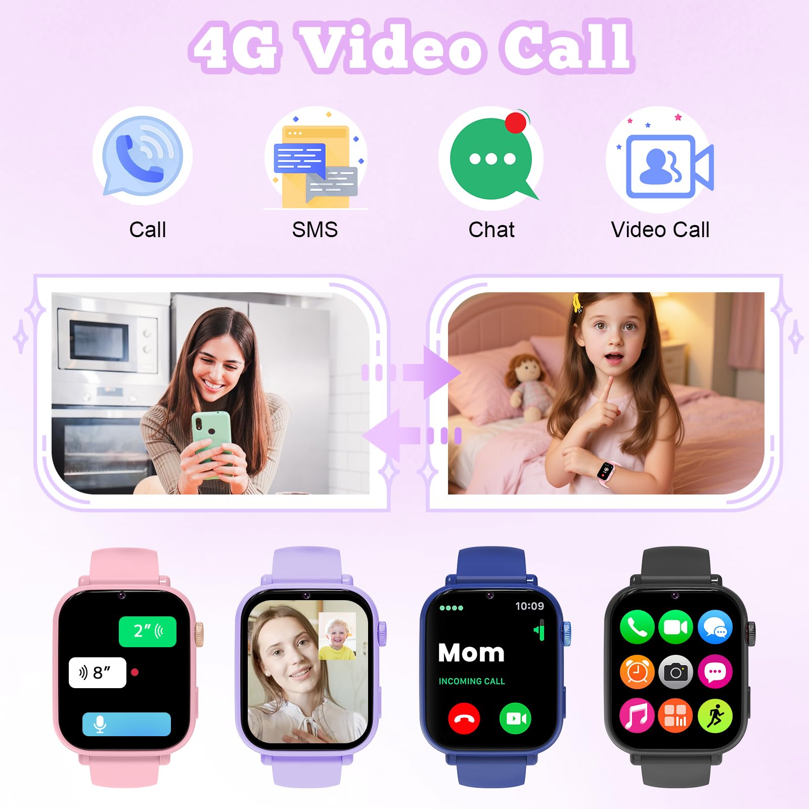 Smartwatch Bambini GPS 4G, Orologio Intelligente con Telefono, Videochiamata, Chat, SOS, Sveglia, Contapassi, Camera, Modalità Classe, Gioco, Smart Watch per Ragazza e Ragazzo 4-12 Anni Regalo, Viola