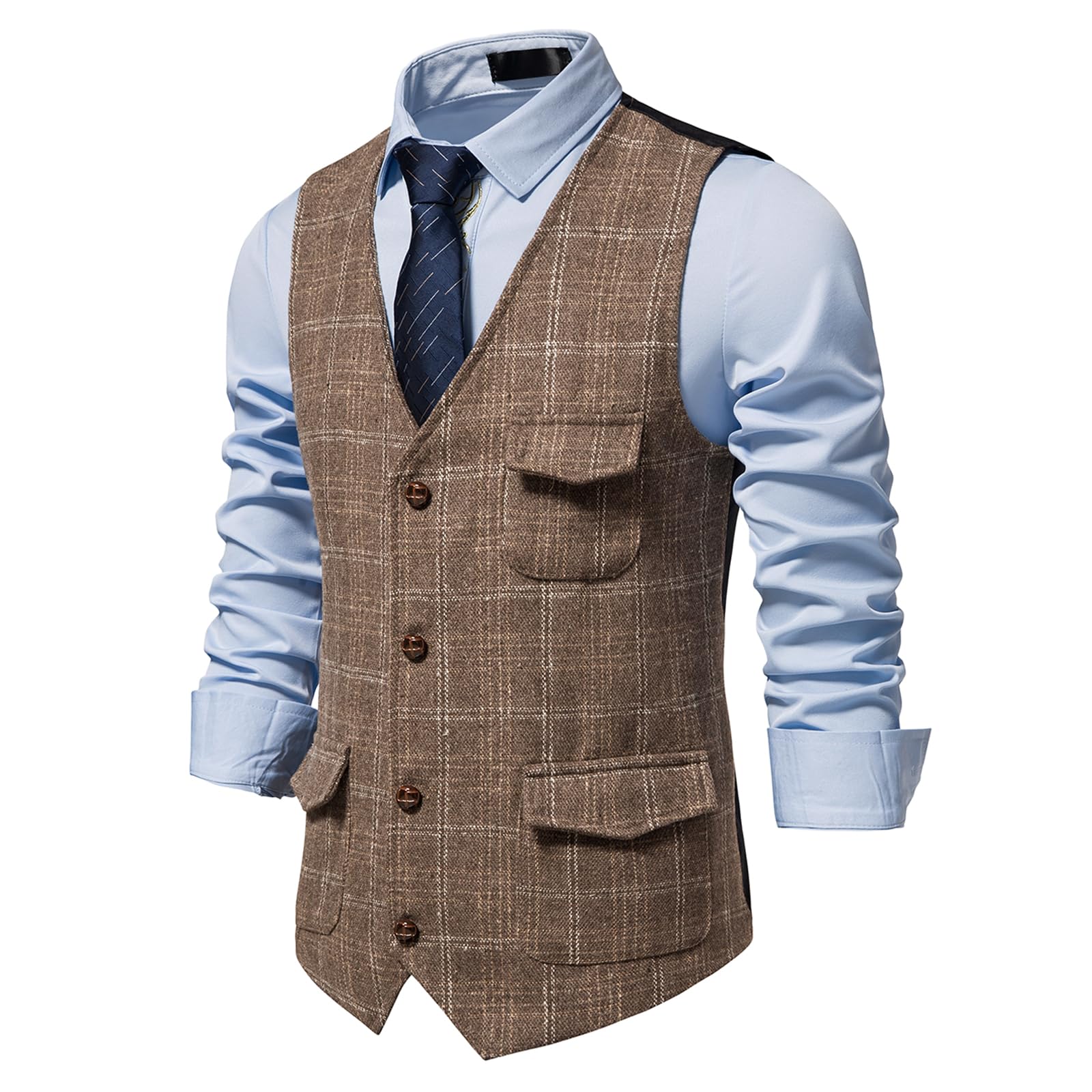 MakingDa Gilet da uomo a quadri formale senza maniche con scollo a V plaid tweed gilet business casual vestito gilet con tasca