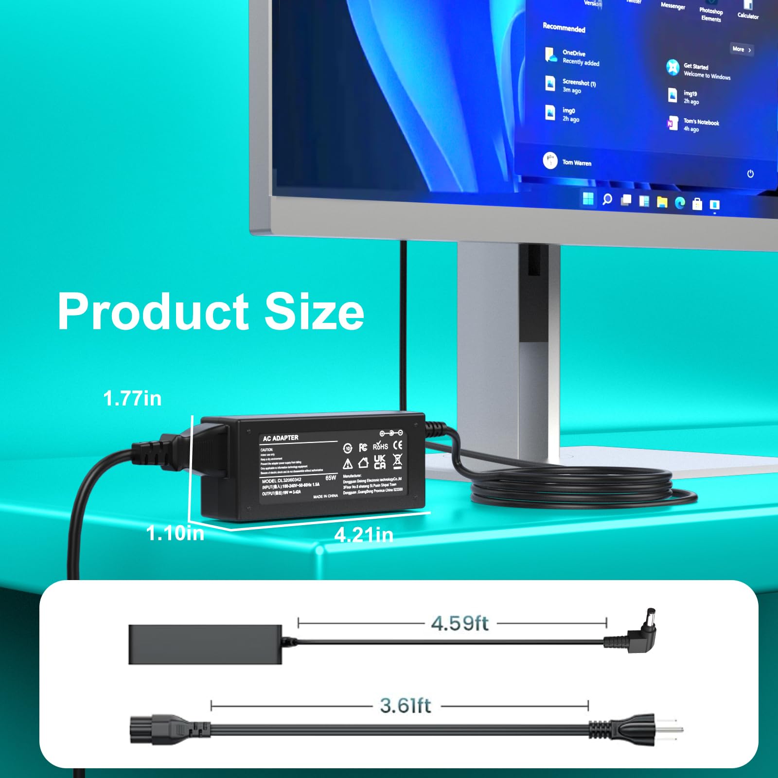 Cargador 65W Compatible con HP monitores LED LCD HD de 27" 25" 23.8" 23" 21.5" 20" 25f 27f 22cwa 27es 27er 27eb 27xi 27xw 27bw 24m 23er 23es 27eb 32f vh240a 24ea 27 25vx ADPC1945 Adaptador