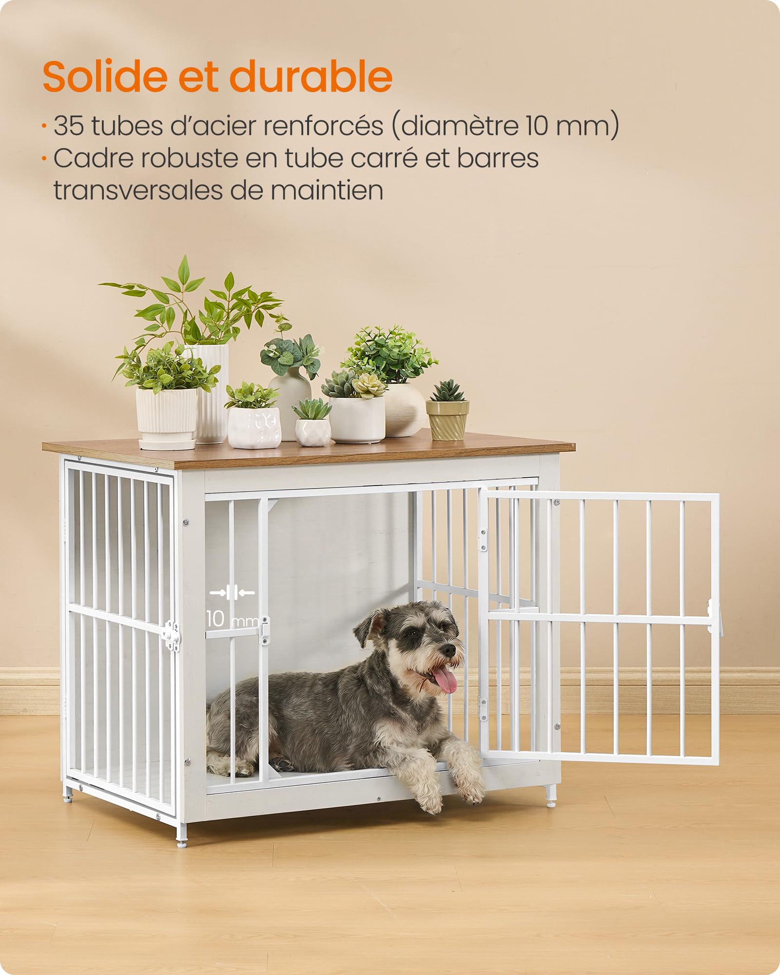 Feandrea Meuble Cage pour Chien, Table d’Appoint, avec Fond Plein, Maison de Chien 2 Portes, 82 x 55 x 64 cm, pour Chiens Jusqu’à 20 kg, Blanc Nuage et Marron Miel PFC022KB01