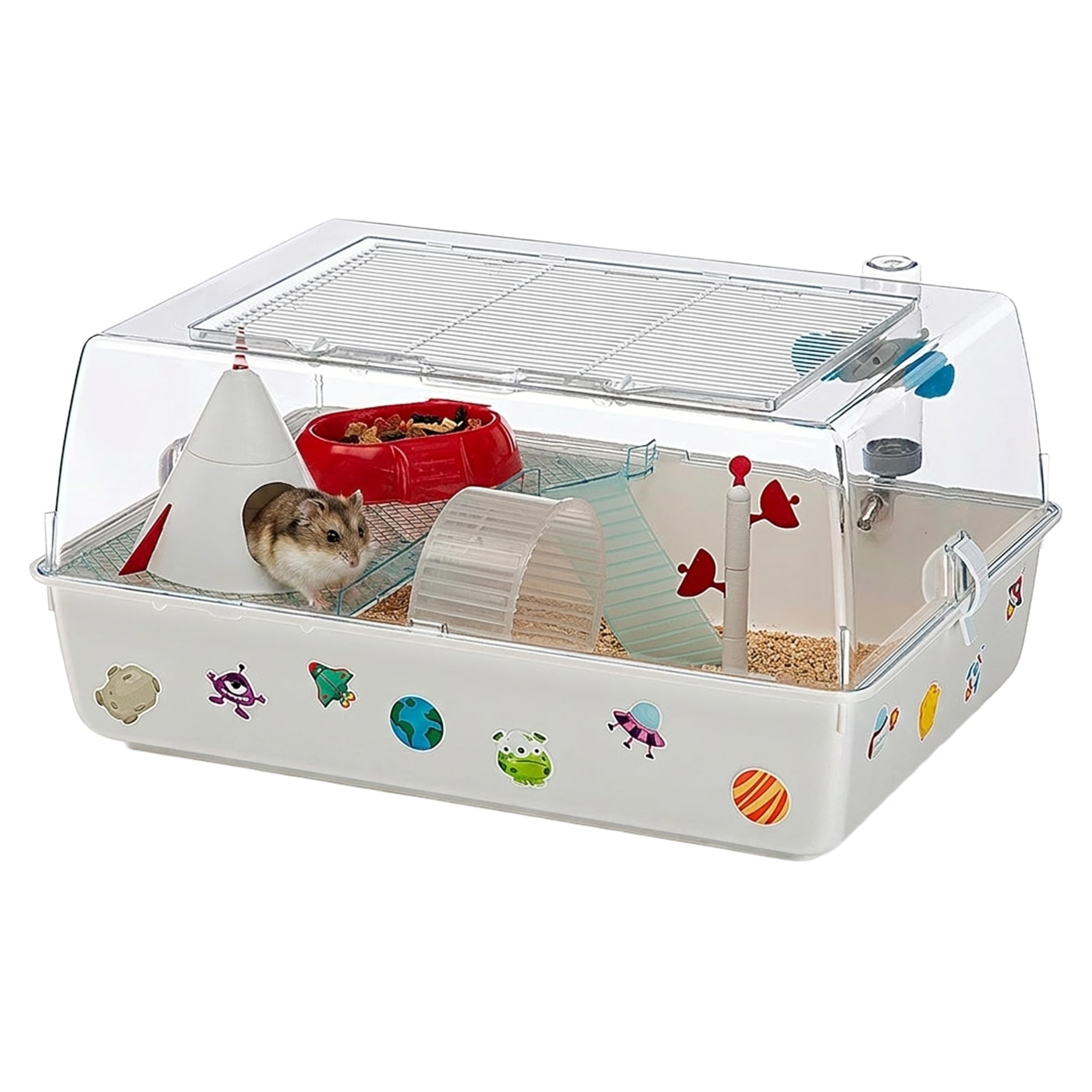 Ferplast Gabbia per Criceti a tema Spazio, Tetto Apribile, Habitat con tutti gli Accessori e Adesivi inclusi, Base Removibile, 55 x 39 x h 27 cm