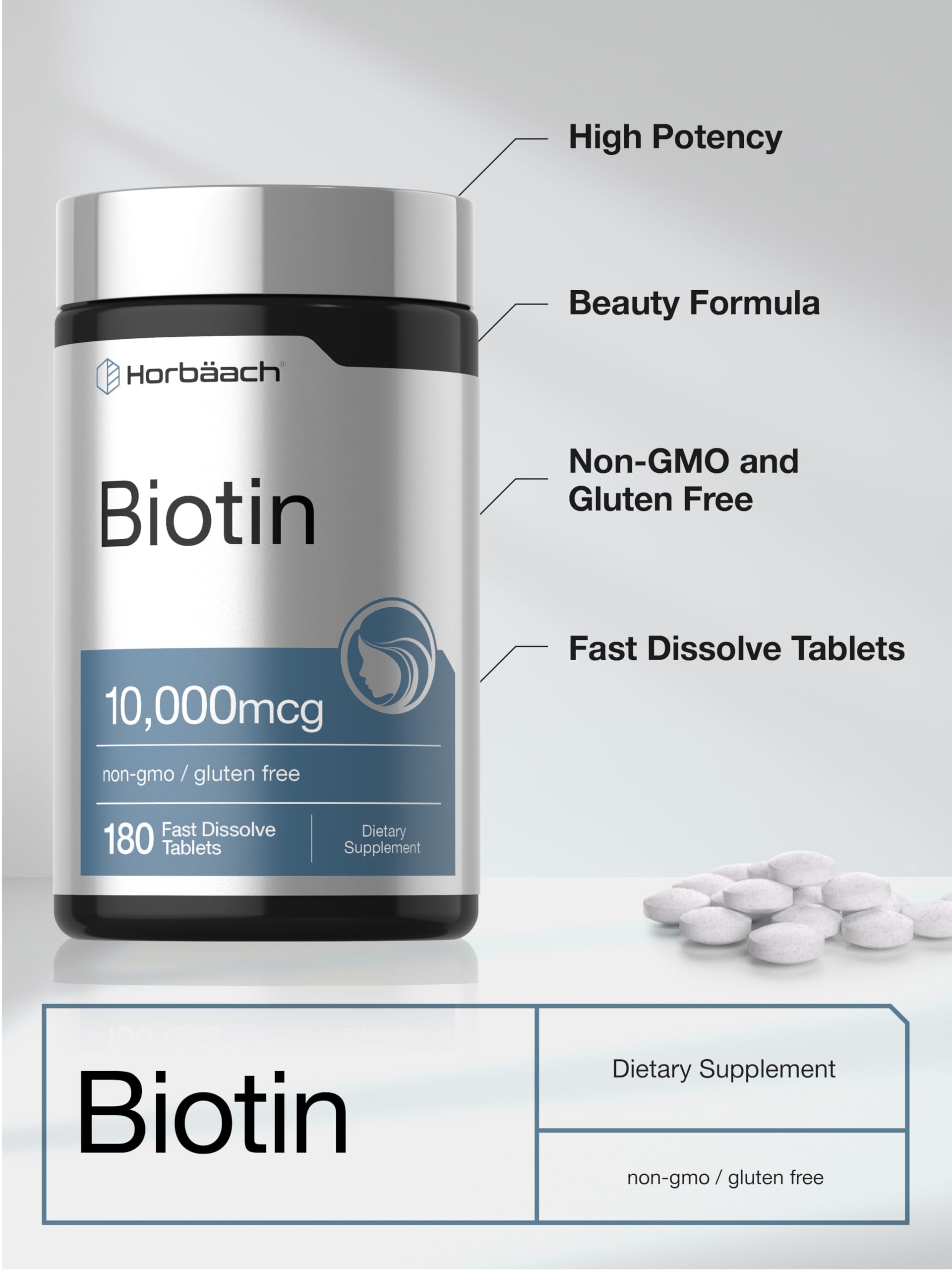 Horbäach Biotin 10000mcg | 180 Fast Dissolve Tablets | for Women & Men | Beauty Supplement | Vegetarian, Non-GMO, Gluten Free — Amazon image 4