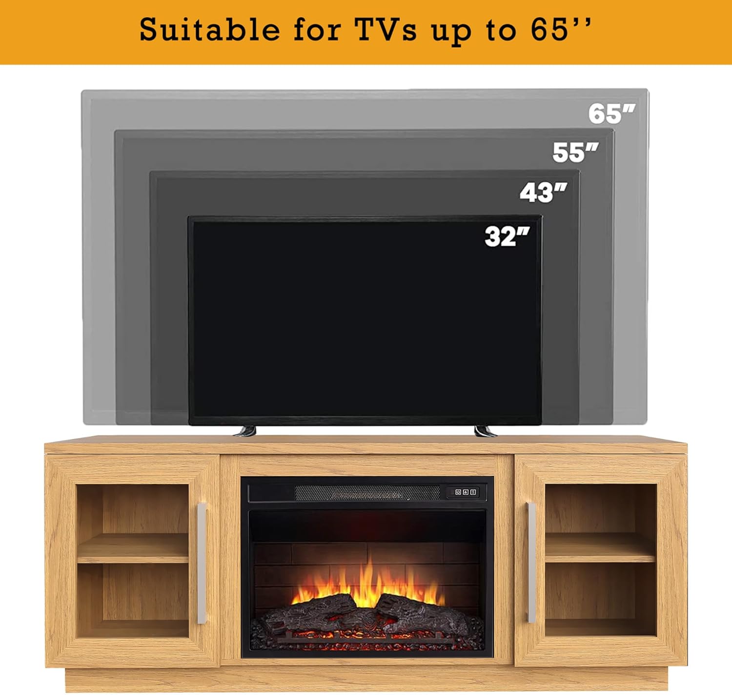 Cheerway 3D Fireplace TV Stand for TVs up to 65’’, Wooden Media Entertainment Center Table & TV Cabinets w/Storage Shelves & Barn Door, Electric Fireplace with Adjustable Flame, Natural Oak