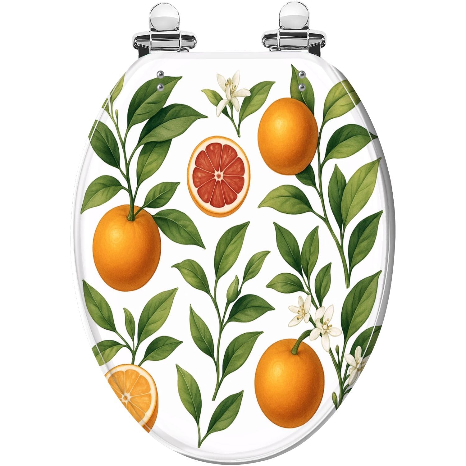 Elongated Toilet Seat Vintage orange citrus tree fruits blossom green leaves twigs branches Resin Toilet Seat Quietly Close Quick Release Hinges with Cover Bumpers Decorative Easy to Install Clean