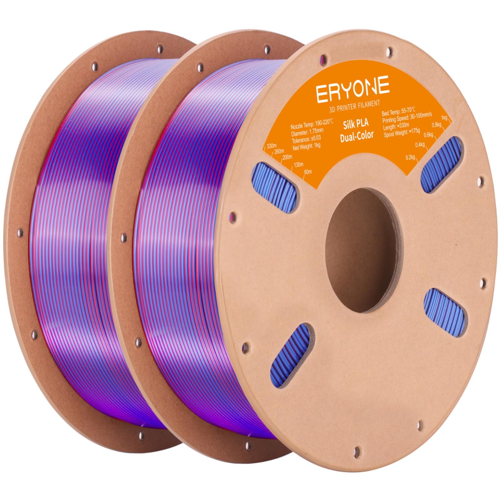 ERYONE Silk Dual Color PLA Filament 3D Printer 1.75mm +/- 0.03mm, Bicolor Filament Two Tone PLA Bundle 2KG Cardboard Spool, Blue Red