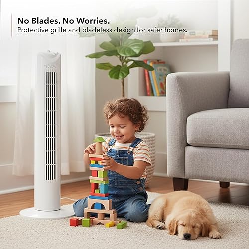 Miniatura 3 de OVENTE Ventilador de torre de 32 pulgadas para dormitorio, ventilador de soporte portátil con oscilación de 90, velocidad ajustable, ventilador de