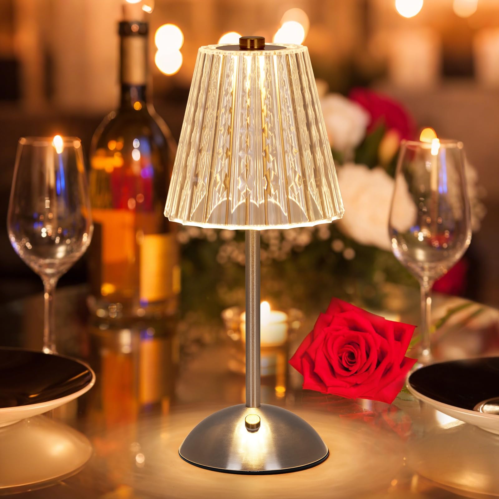 BomKra Crystal Table Lamp, Dimmable 3 Colors LED Romantic Diamond Crystal Lamp, Rechargeable Touch Lamp Small Lamp, Bedside Lamp Nightstand Lamp for Bedroom Bar Restaurant (Silver-02)