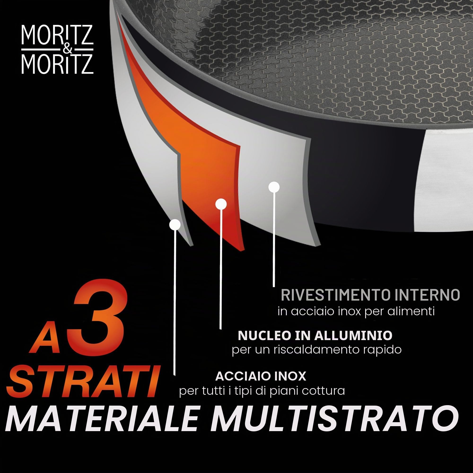 Moritz & Moritz Padella Wok da 30 cm in Acciaio inox con rivestimento in Ceramica - Tutti i tipi di fornelli - Struttura antiaderente a nido d'ape per cucinare, arrostire e cuocere a fuoco lento