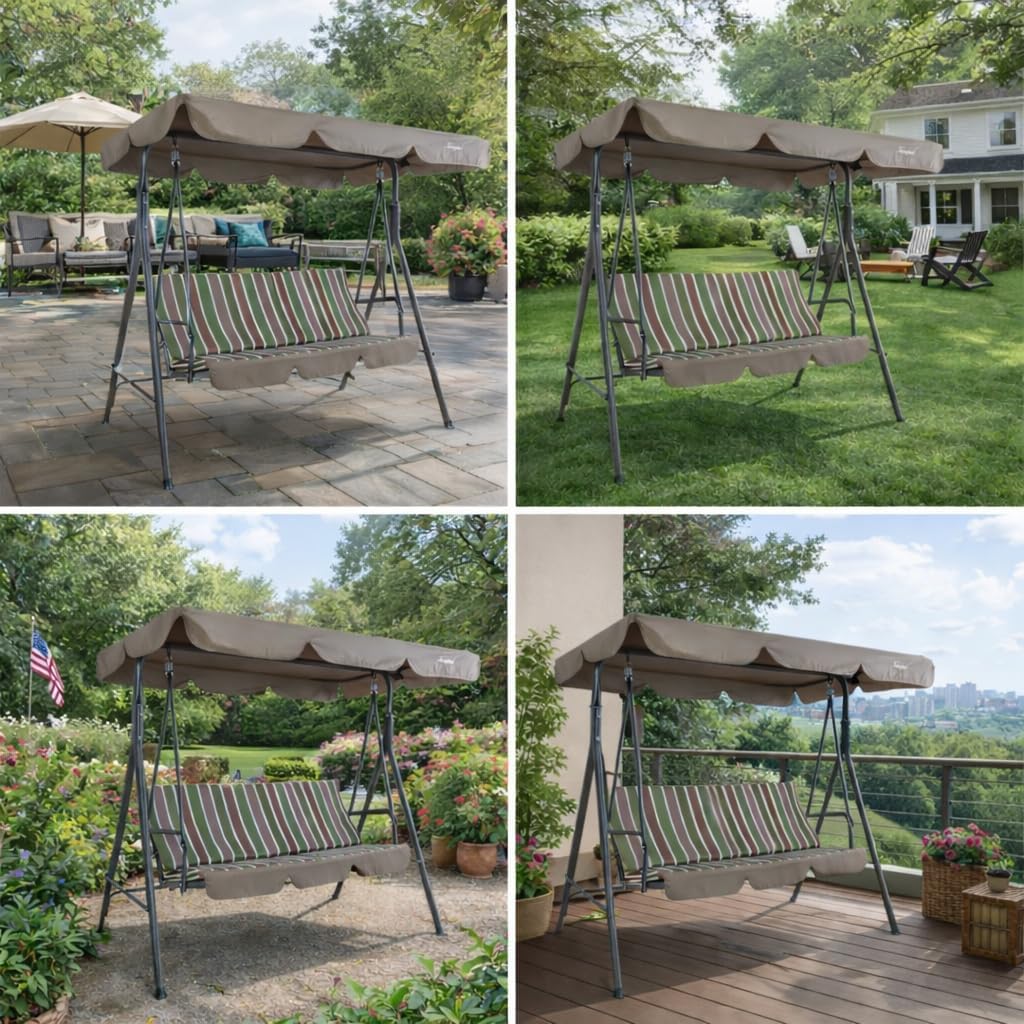 Kozyard Alicia 3-Seat Patio Swing, Outdoor Canopy Swing with Steel Frame, Adjustable Canopy and Removable Cushions for Porch Patio Garden Poolside, Lime Stripe
