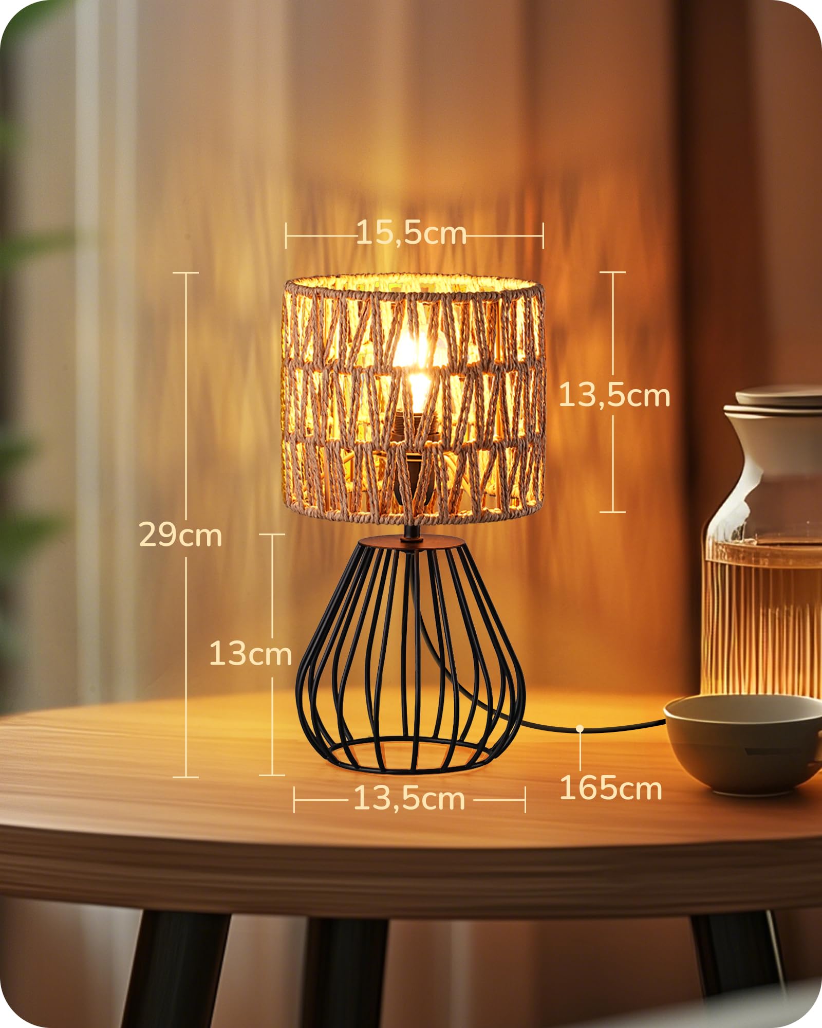 EDISHINE Small Rattan Table Lamp, Industrial Bedside Lamp, Handwoven Lampshade, Boho Lamps for Living Room Bedroom - Image 2