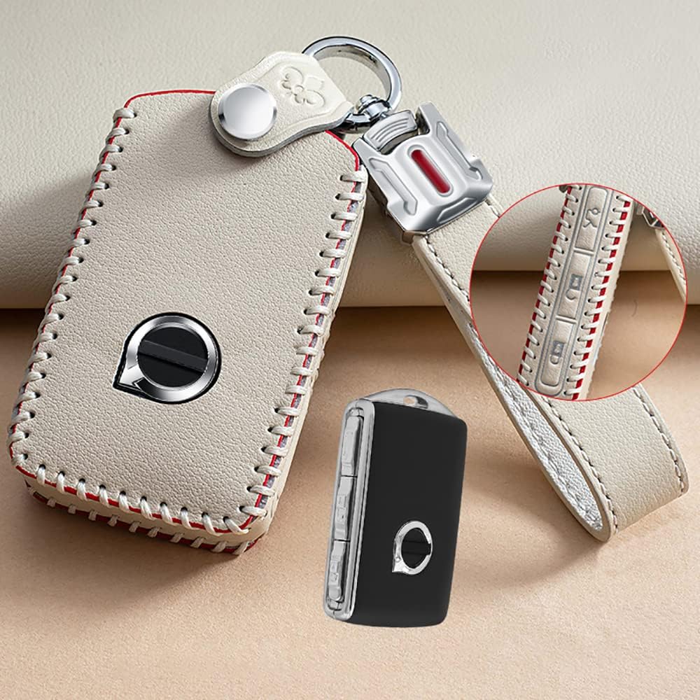 HIBEYO 2022 Leather Key Fob Case Protection for Volvo XC40 XC60 XC90 S90 V90 Smart Key Case Cover with Keychains Accessories Simple Light Luxury Key Fob Case-White - Image 6