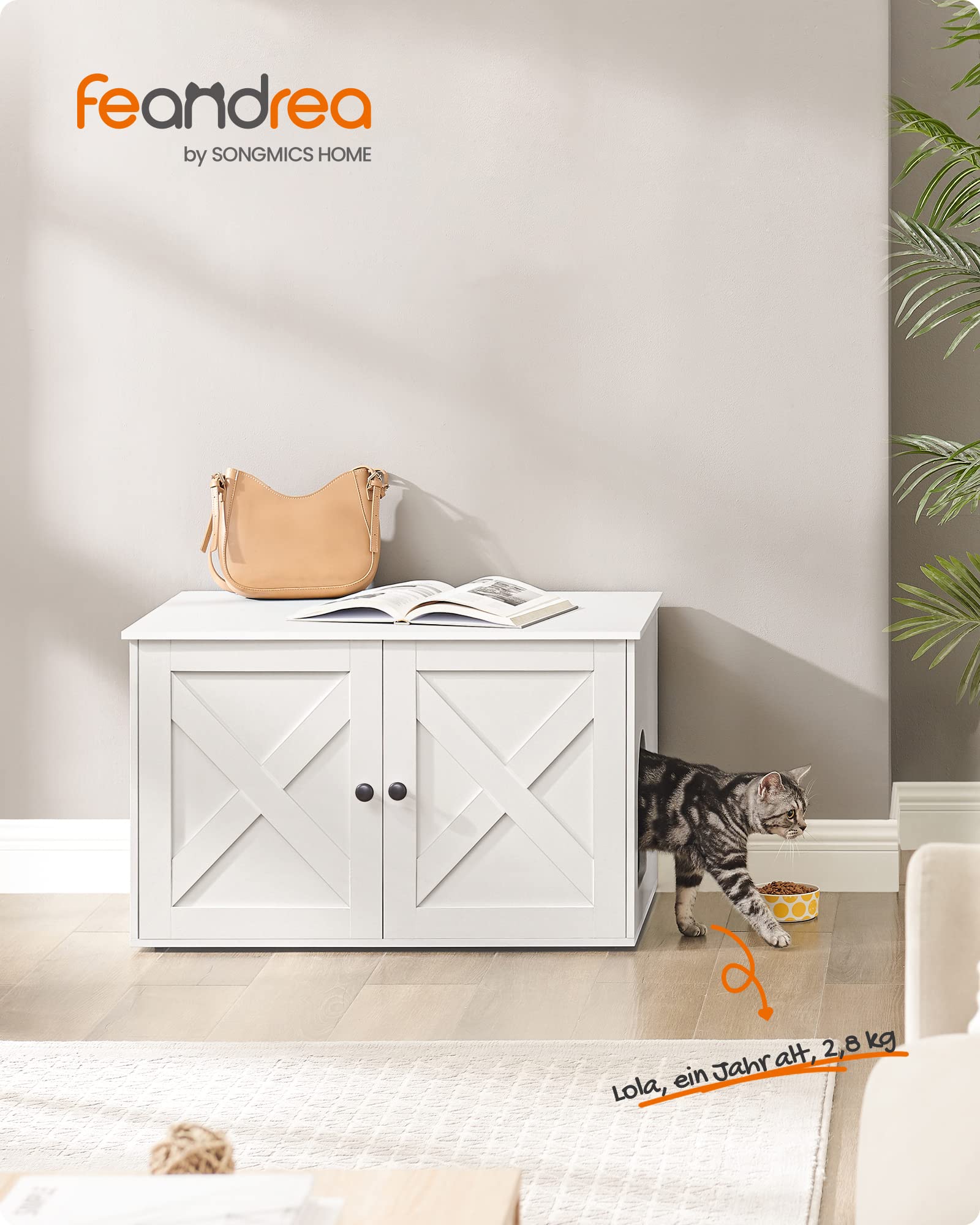 Feandrea Katzenhaus, Katzenklo-Schrank mit herausnehmbarer Trennwand, Tisch, 80 x 53 x 50 cm, weiß PCL002W01