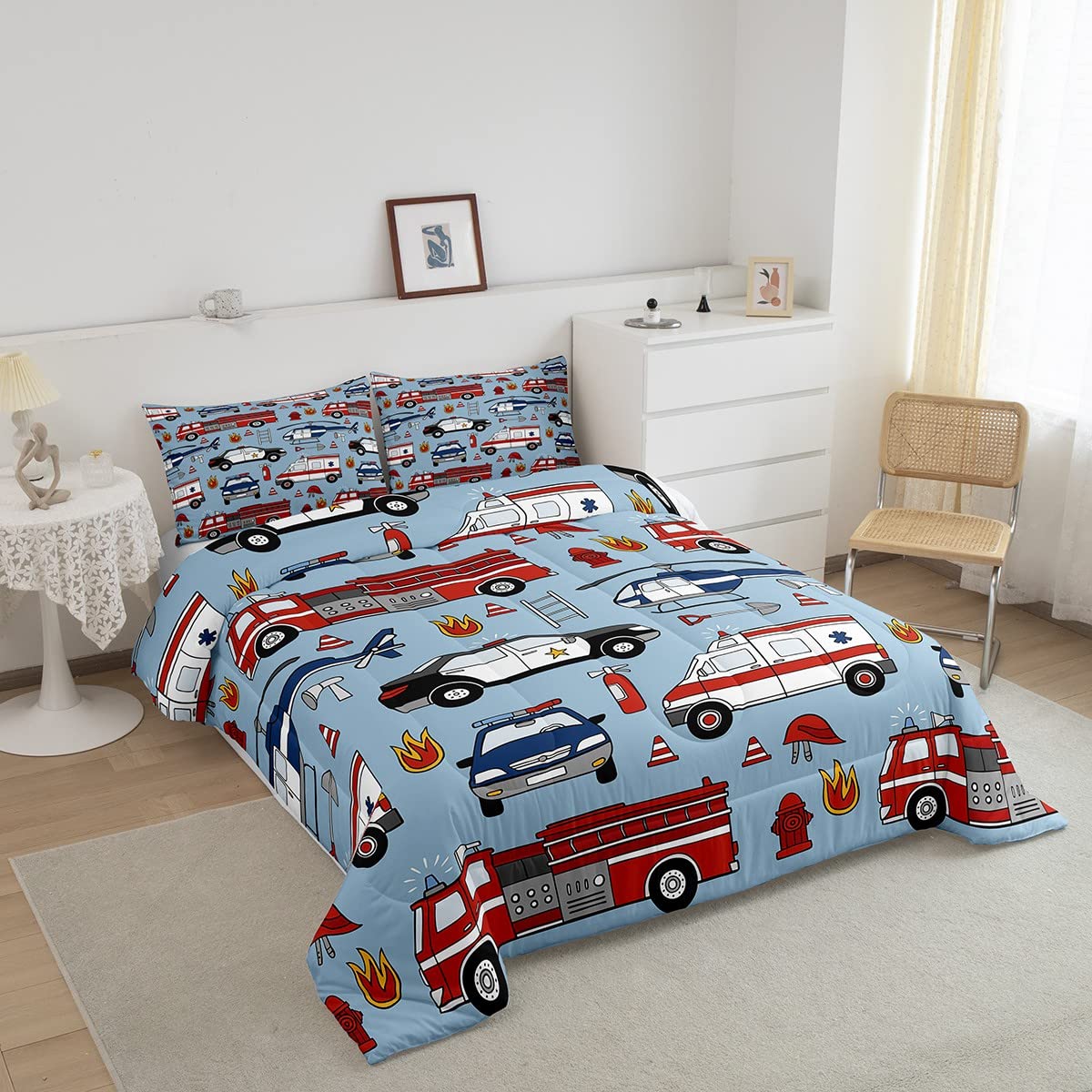 Feelyou Cartoon Police Car Bedding Set Red Fire Truck Comforter Set for Kids Boys Fire Extinguisher Duvet Set Airplane Comforter 1 Comforter Set with 2 Pillowcases Queen Size Boys