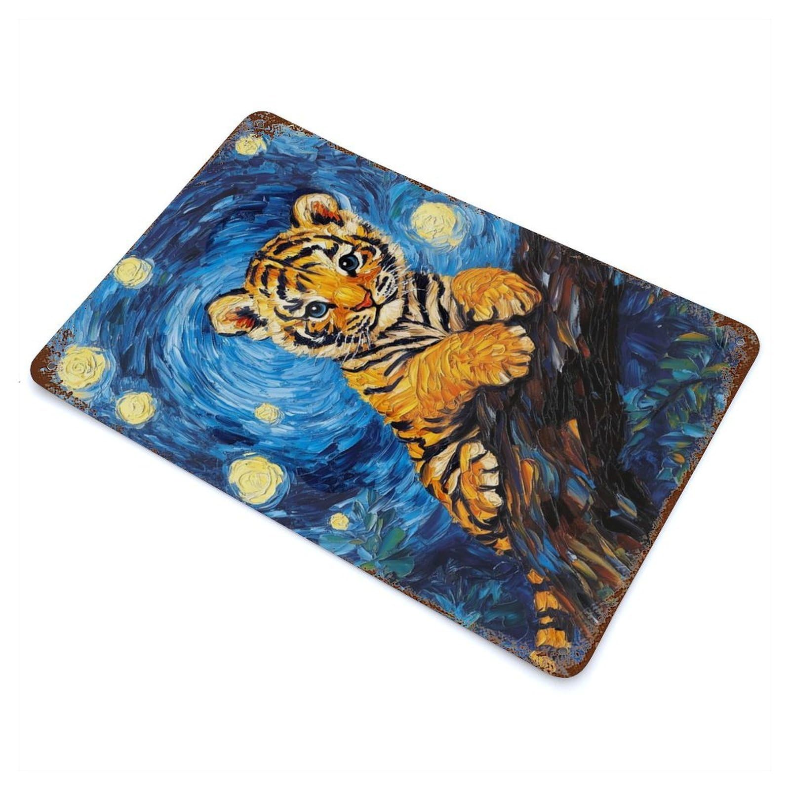 Tiger Cub in Starry Night Style Aged Metal Wall Plaque 11.8"x7.9", Farmhouse Wall Decor for Office, Studio And Wall Decor