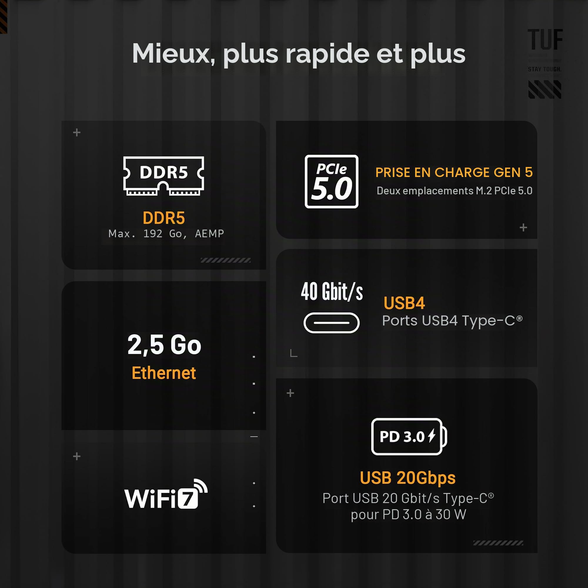 ASUS TUF Gaming X870-PLUS Carte mère WiFi AMD AM5 X870 ATX, 16+2+1, 80A SPS Power Stages, DDR5, PCIe 5.0 Ready, Quatre emplacements M.2, Wi-FI 7, LAN 2,5 Go, HDMI, USB4® 40 Gbit/s, SATA 6 Gbit/s, USB