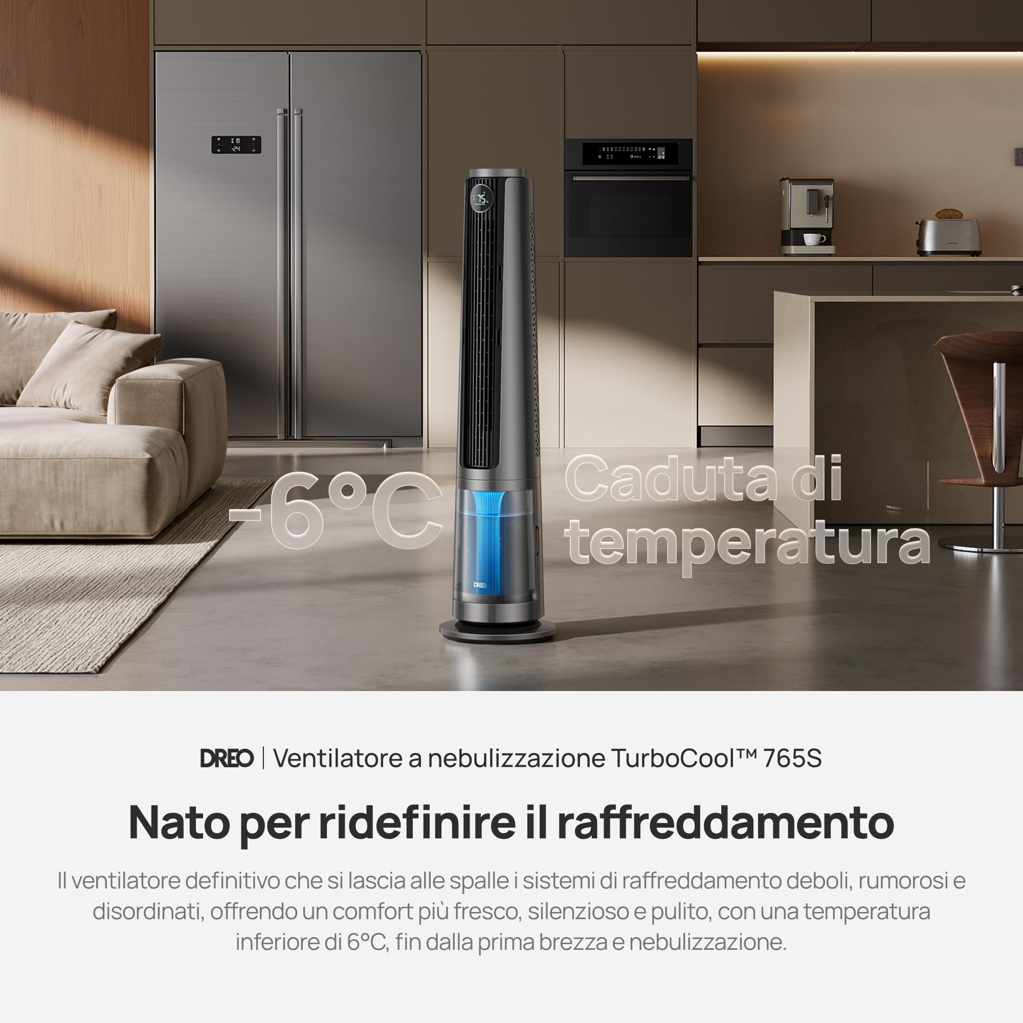 DREO TurboCool 765S - Ventilatore a Nebulizzazione 3 in1, Serbatoio 6L, 10.4m/s, Motore DC 20dB, 90° Oscillante, 12 Velocità, 4 Modalità, Raffreddamento Rapido per Camera da Letto