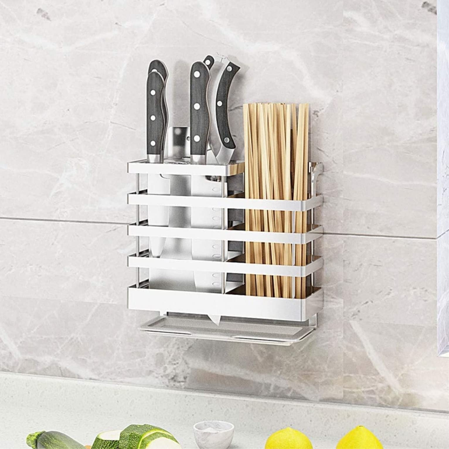 Bloque Cuchillos Cocina Soporte para Cuchillos De Acero Inoxidable Cocina Casera Estante para Cuchillos Montado En La Pared con Bandeja De Drenaje De PP