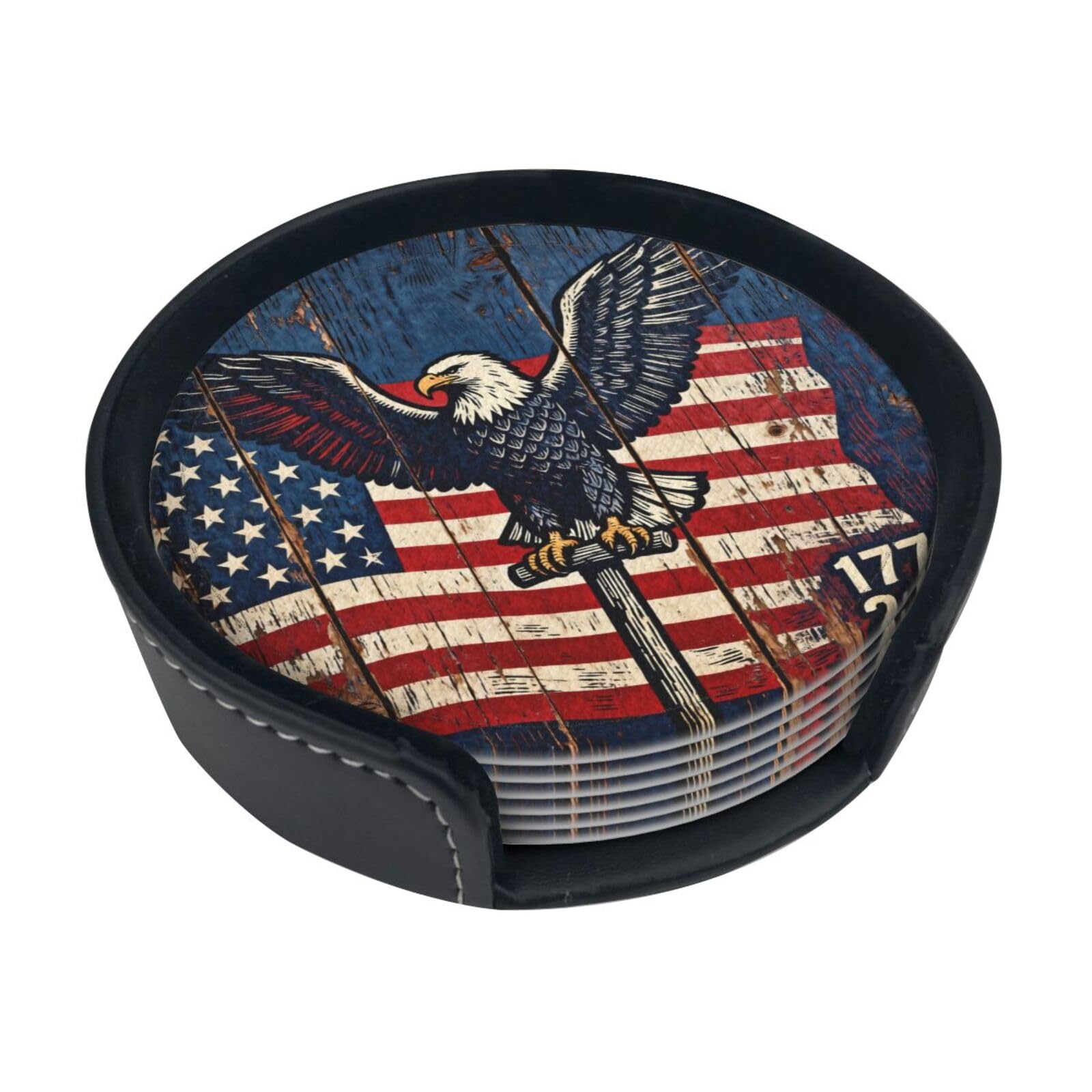 Cntdbu White Eagle Flag Vintage Leather Coasters Set Of 6-Pu Leather Drink Mats For Table, Heat Resistant Round Coasters With Holder