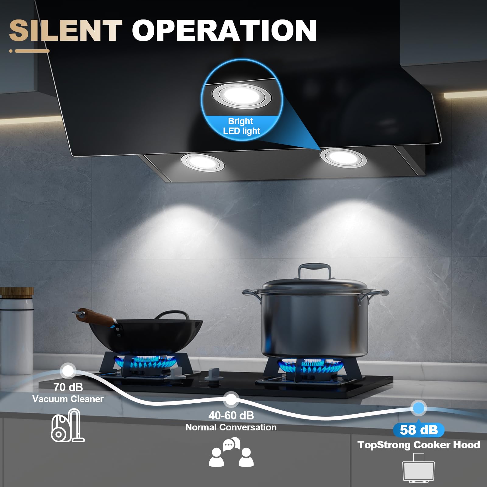 Cooker Hood 60cm, TopStrong Extractor Fan Kitchen, Wall-Mounted Extractor Hood, A+++ Kitchen Hood, 450 m³/h, Touch Control, 3 Speed + Booster, Recirculating & Ducting System, Black - 5