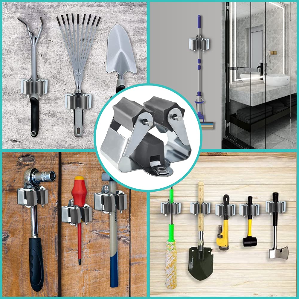 SRJQXH Porte-Balai Mural Acier Inox 304 – 2 Clips + 3 Crochets, Fixation Colle Ou Vis, Rangement Balcon Garage Cuisine