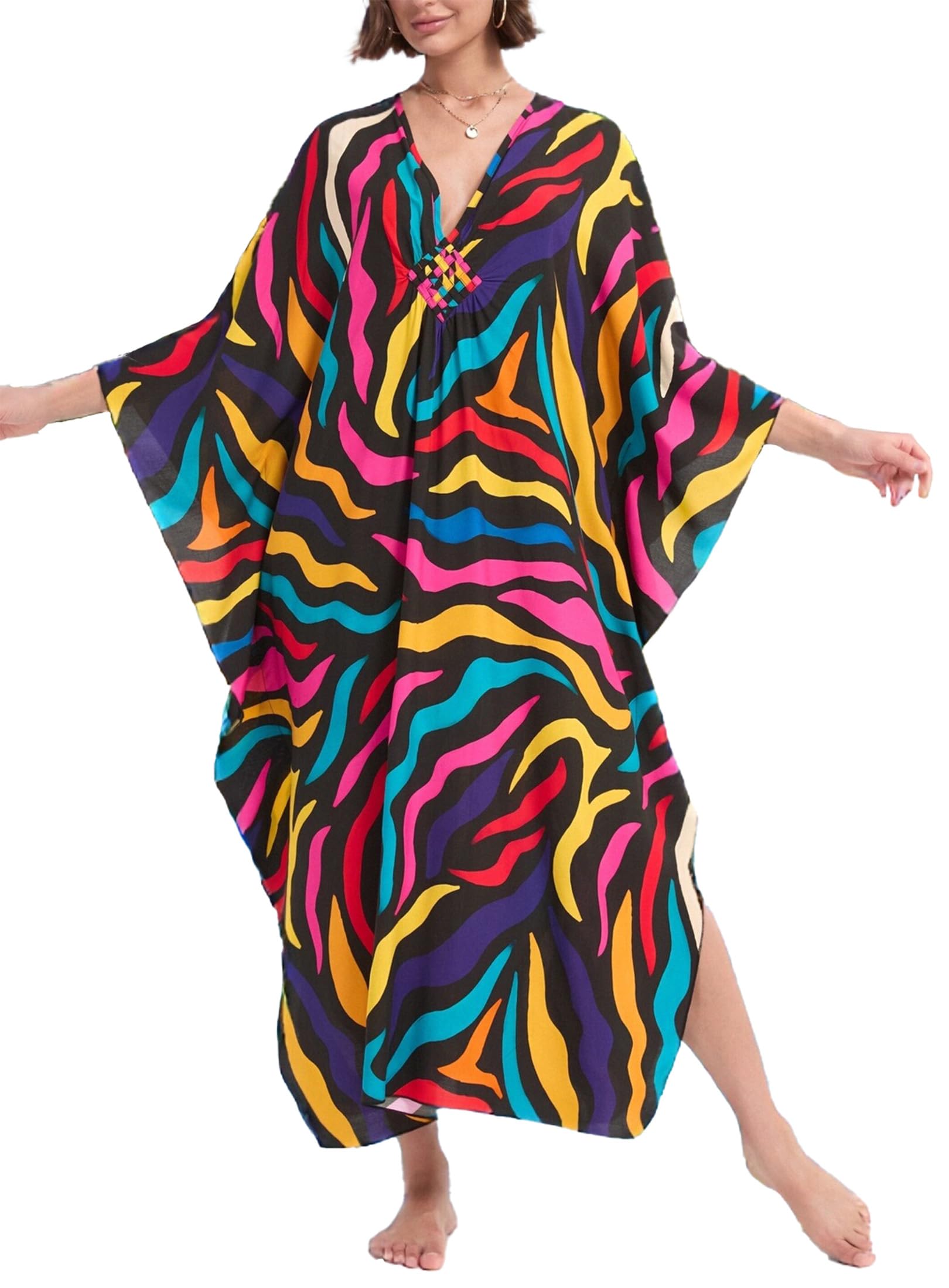 Yanziliu Kaftan Dresses for Women V-Neck Batwing Sleeves Swimsuit Beach Cover Ups Tie Dye Caftan Hawaiian Dress