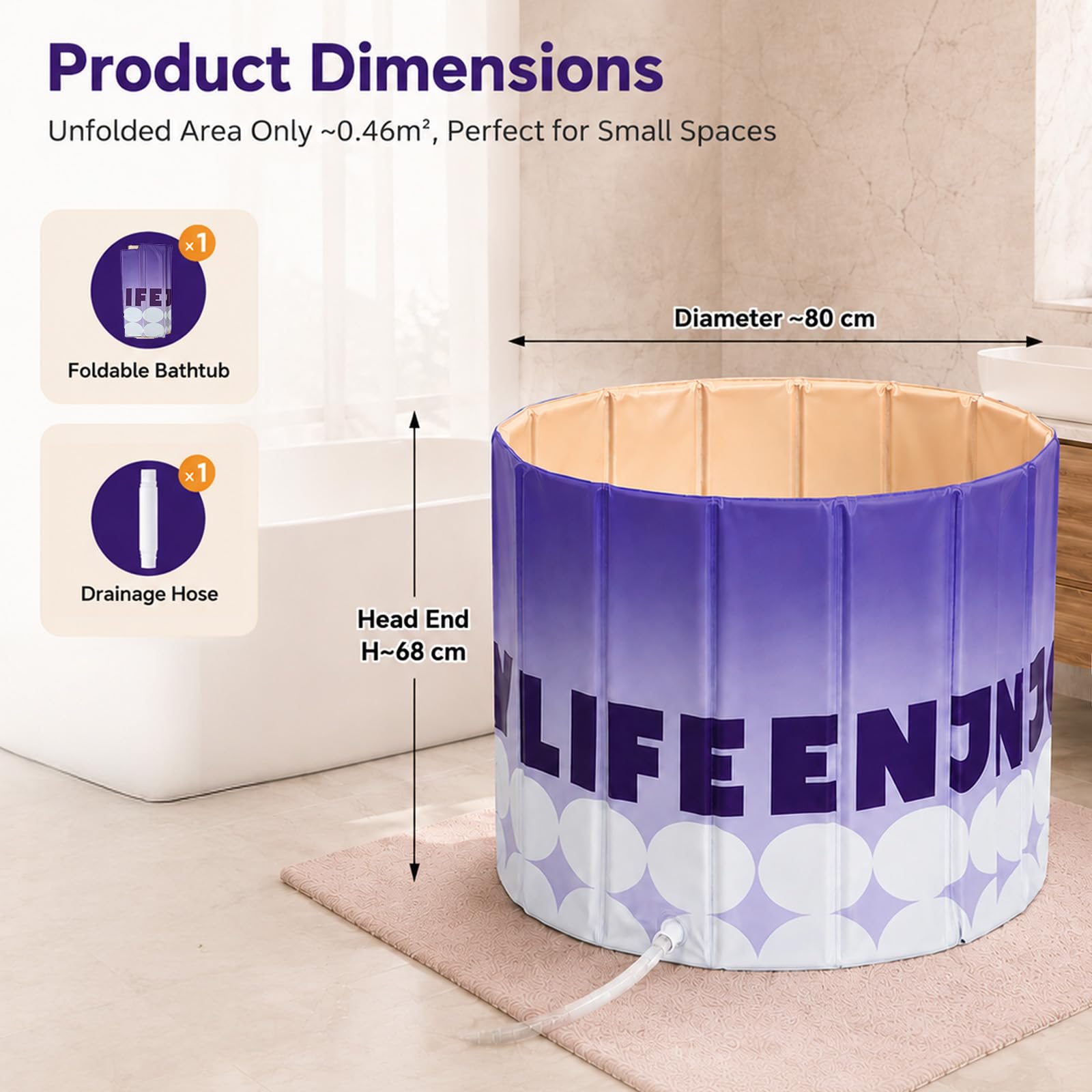 Bañera plegable para adultos, bañera portátil de 80 cm, bañera plegable con aislamiento de 5 capas y doble desagüe, bañera inflable compacta para baños pequeños, camping y RV