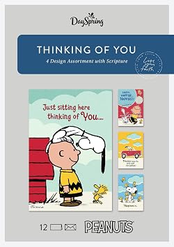 DaySpring - Peanuts - Thinking of You - 4 Design Assortment With Scripture - 12 Boxed Cards & Envelopes