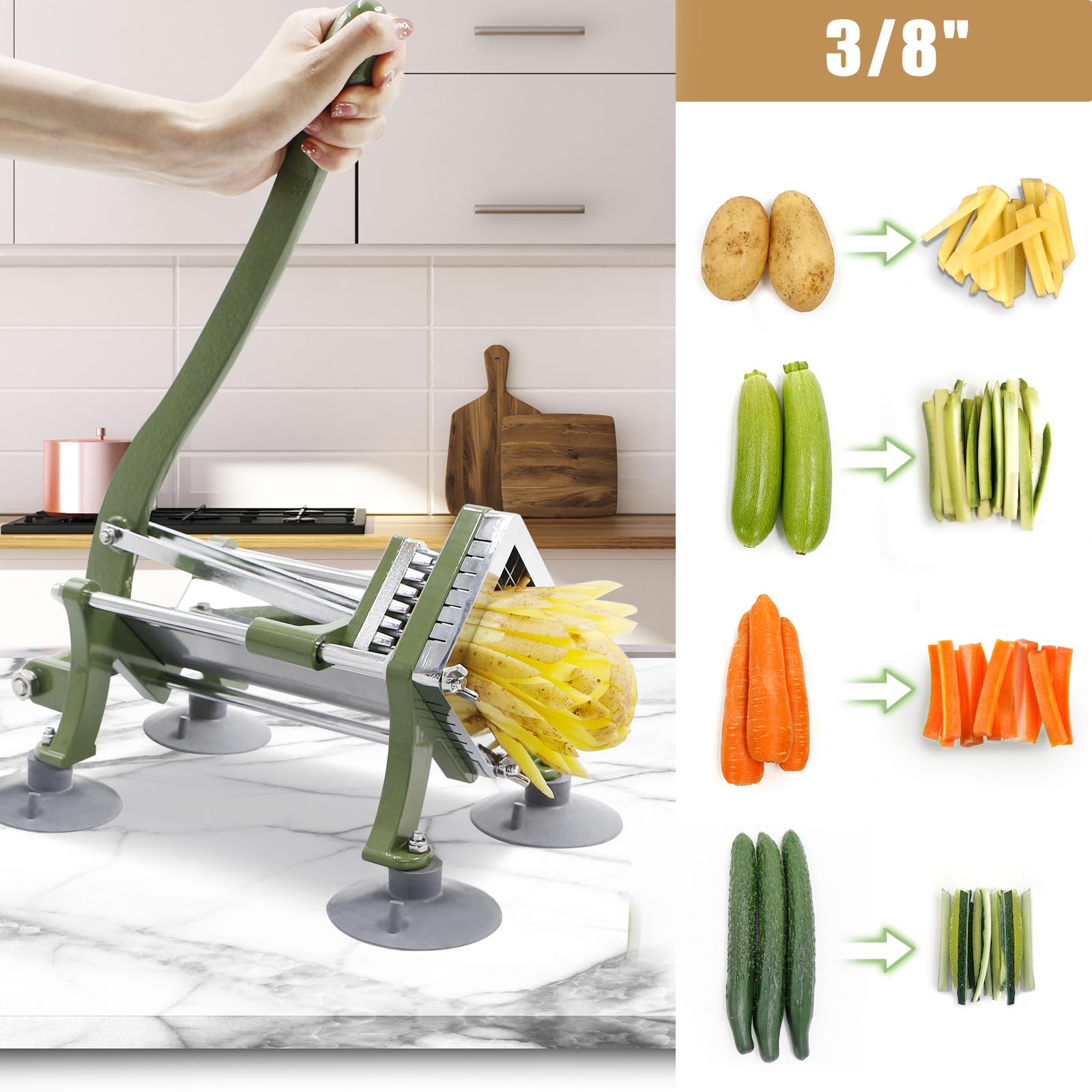 Pommes Frites Schneider Commercial Manuell Pommesschneider Professioneller Saugfüßen Komplettset French Fries Cutter mit Schwerem Gusseisen-Griff und 3/8" (10x10mm) Klinge