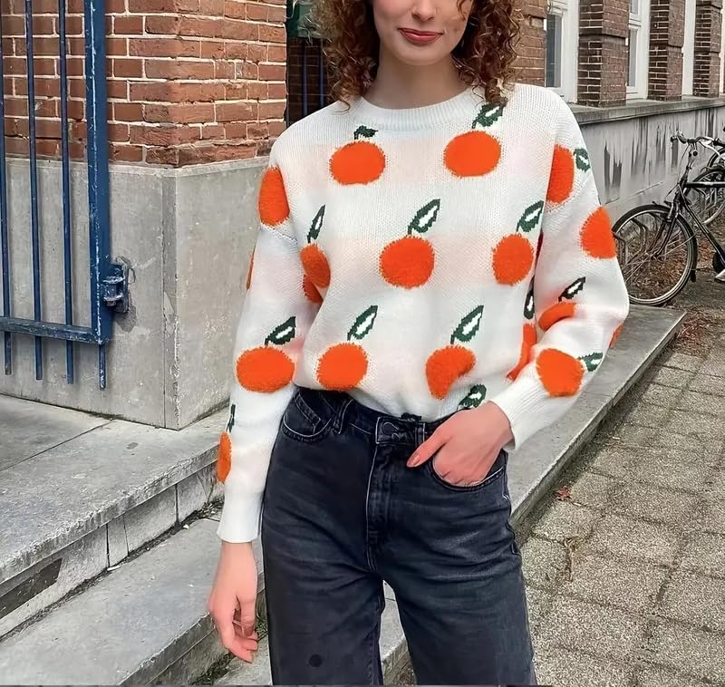 Womens Knitted Orange Sweater Casual Loose Long Sleeve Pullover Sweater Tops2