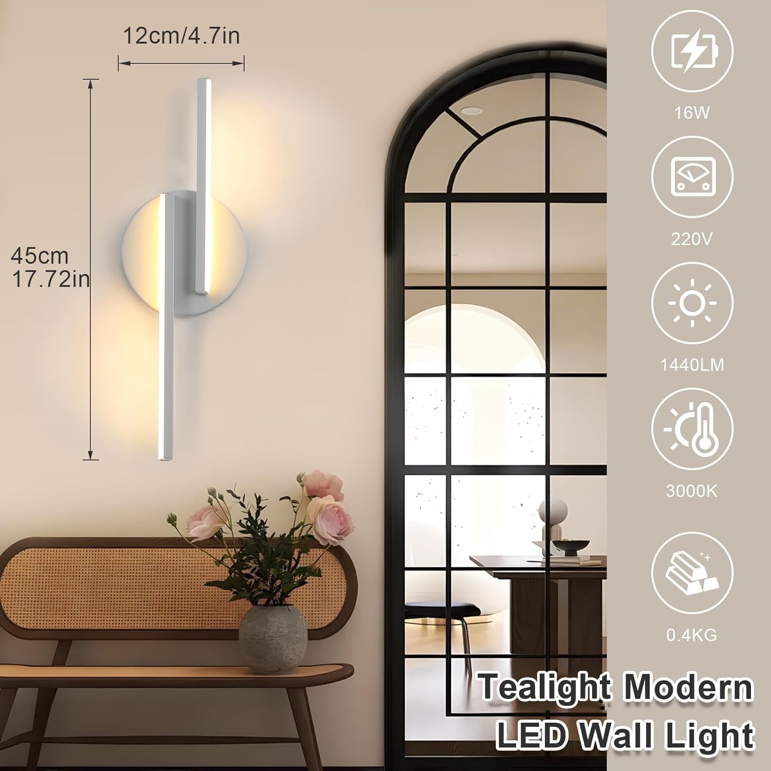 Lampa ścienna LED do wnętrz, 16 W, nowoczesna, 3000 K, ciepłe białe światło, lampa ścienna do salonu, sypialni, korytarza, łazienki, 45 cm