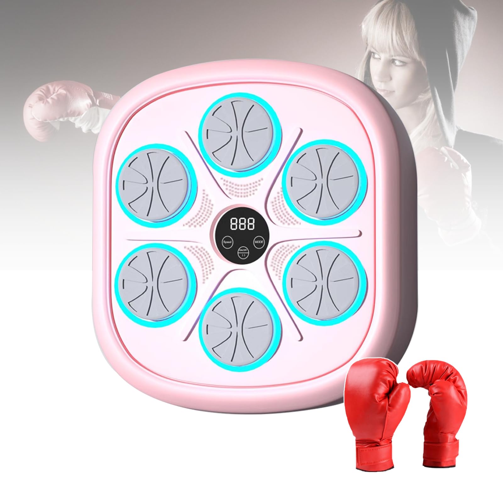 Muzyczna maszyna bokserska dla dorosłych i dzieci, montowany na ścianie cel bokserski, inteligentny odtwarzacz muzyczny Bluetooth, do użytku w pomieszczeniach, siłowni, sali bokserskiej,Różowy