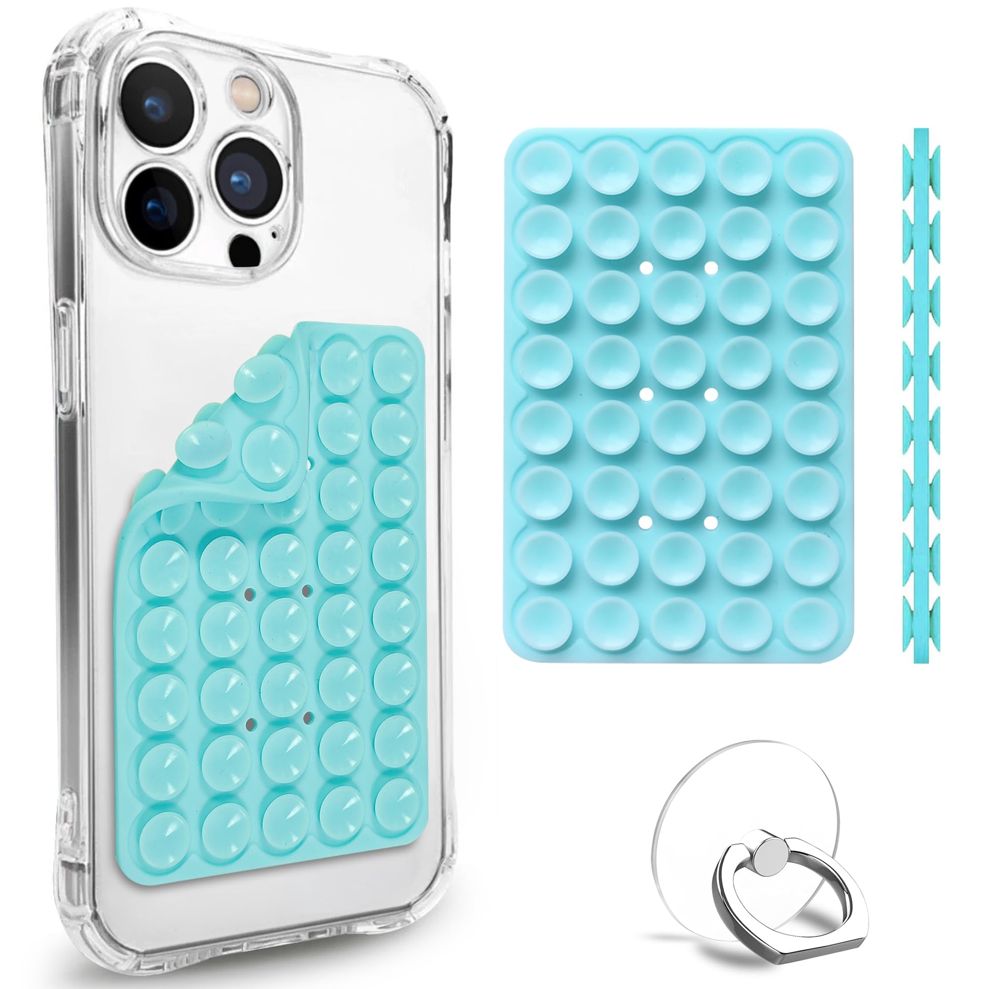 Suction Cup Mount, Double Sided Silicone Case, Sticky Grip for iPhone and Android, Hands-Free Fidget Toy Mirror Shower Phone Holder for Selfies and Videos (Baby Blue)-image-3