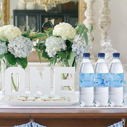 Miniatura 6 de 32 etiquetas azules para botellas de agua de primer cumpleaños, globos azules con purpurina para cumpleaños de un año, etiquetas para botellas de
